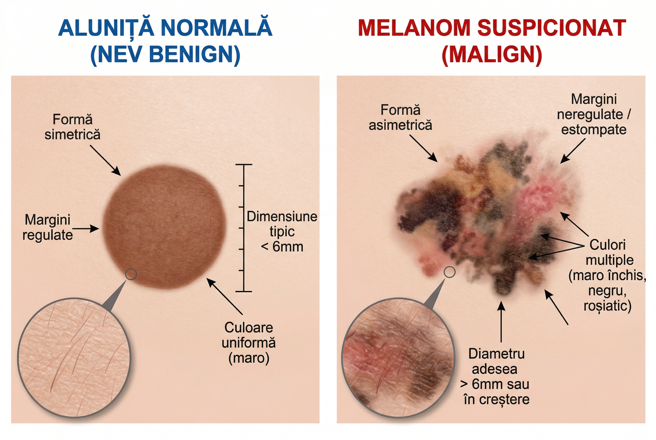 Comparatie vizuala între o alunită normala simetrica și o alunită suspecta cu margini neregulate și culori multiple
