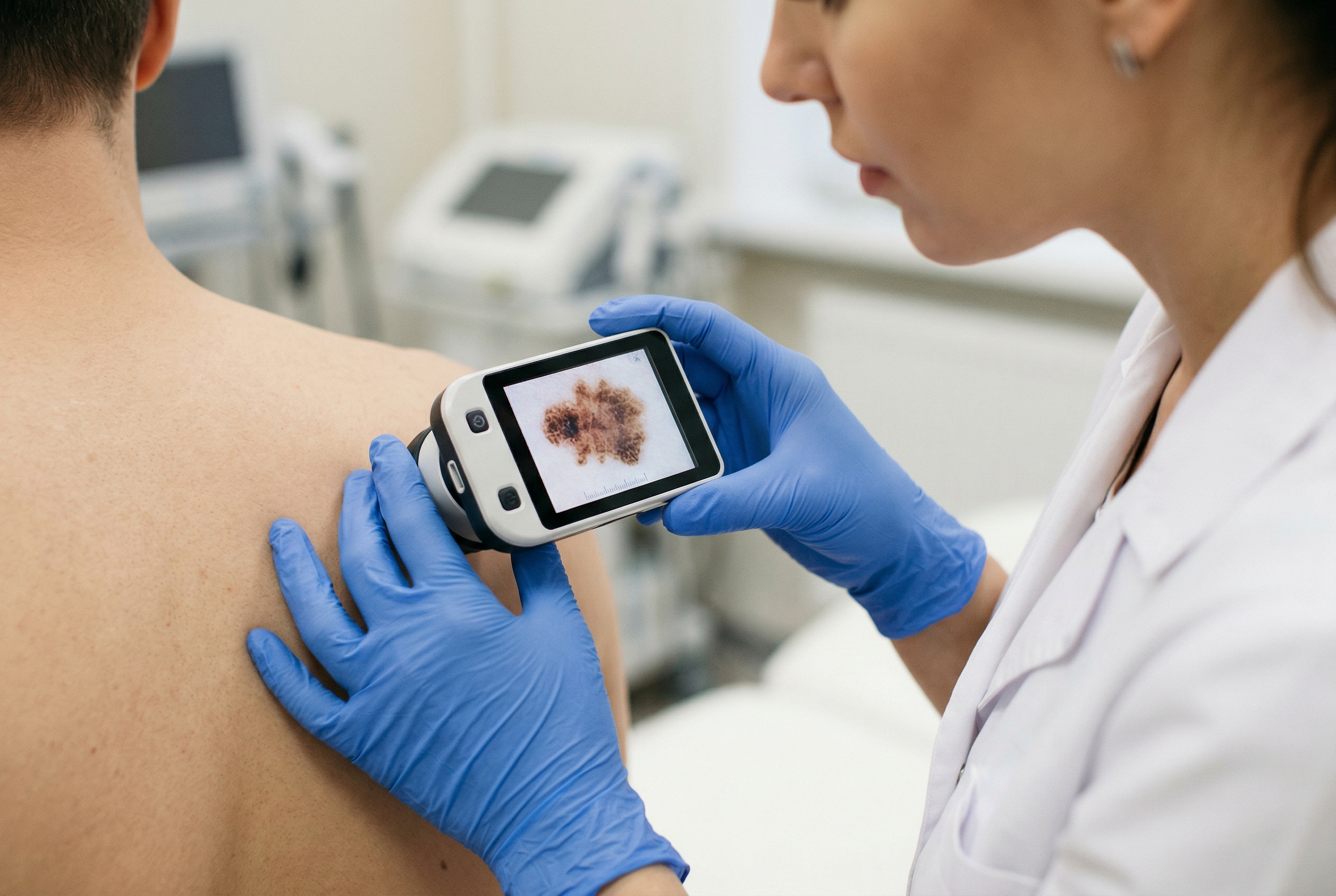 Dermatolog efectuand o dermatoscopie digitala pentru examinarea detaliată a unei alunițe suspecte