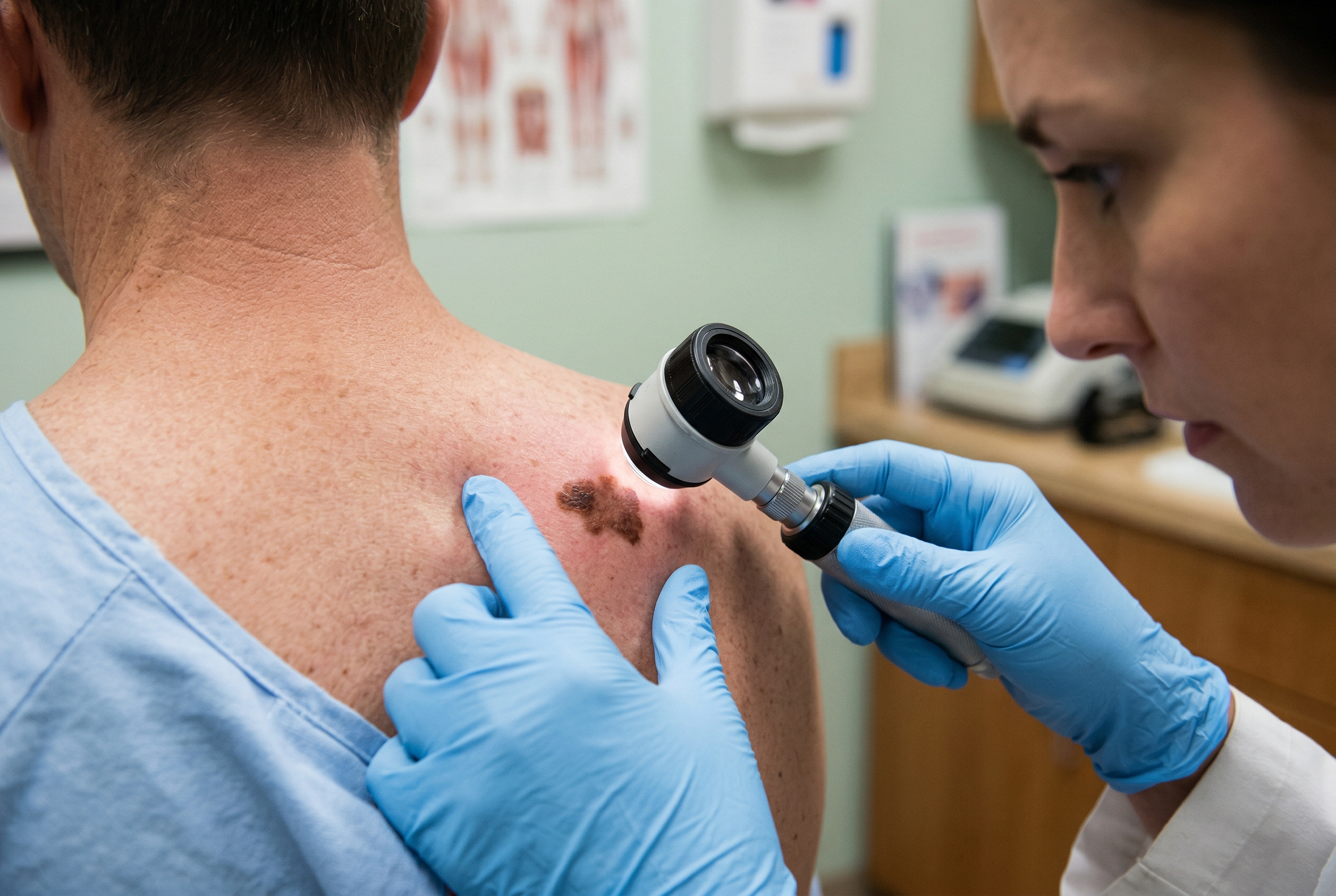 Dermatolog examinand o alunită suspecta cu dermatoscopul pe spatele unui pacient
