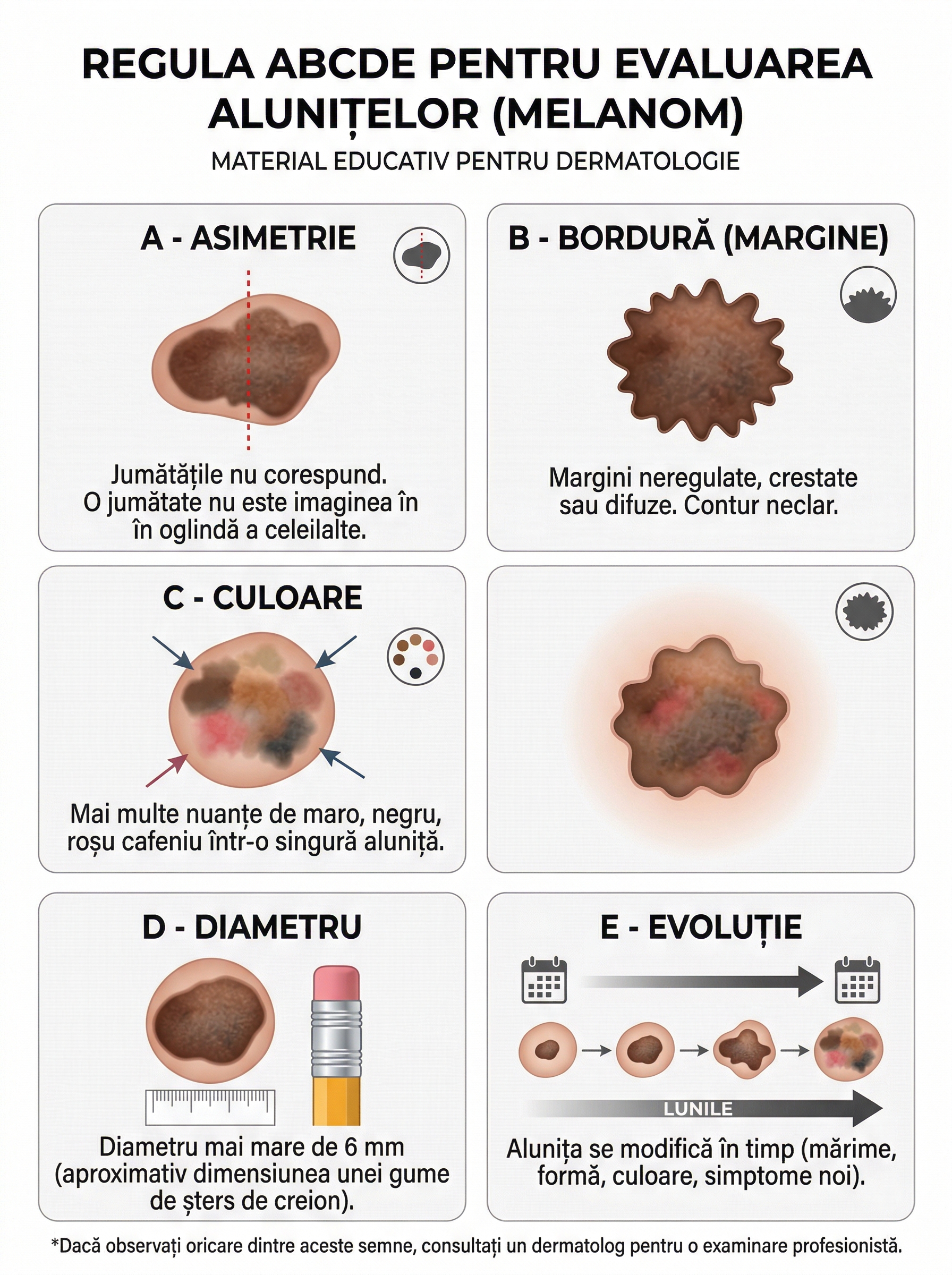 Infografic medical cu regula ABCDE pentru evaluarea alunițelor: Asimetrie, Bordura, Culoare, Diametru, Evolutie
