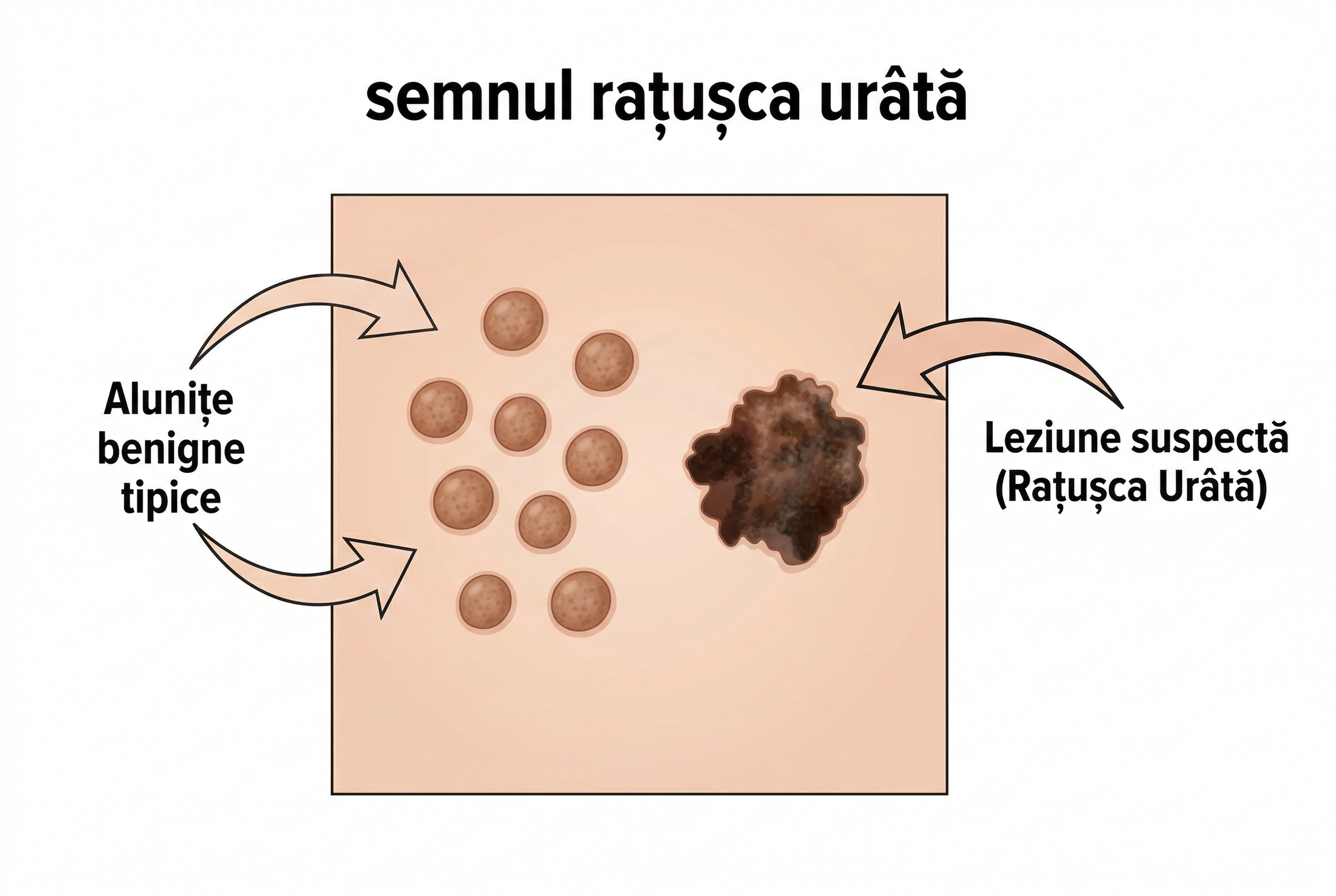 Ilustratie medicală a semnului ratusca urate: o alunită diferita de restul grupului, sugerand potential malign
