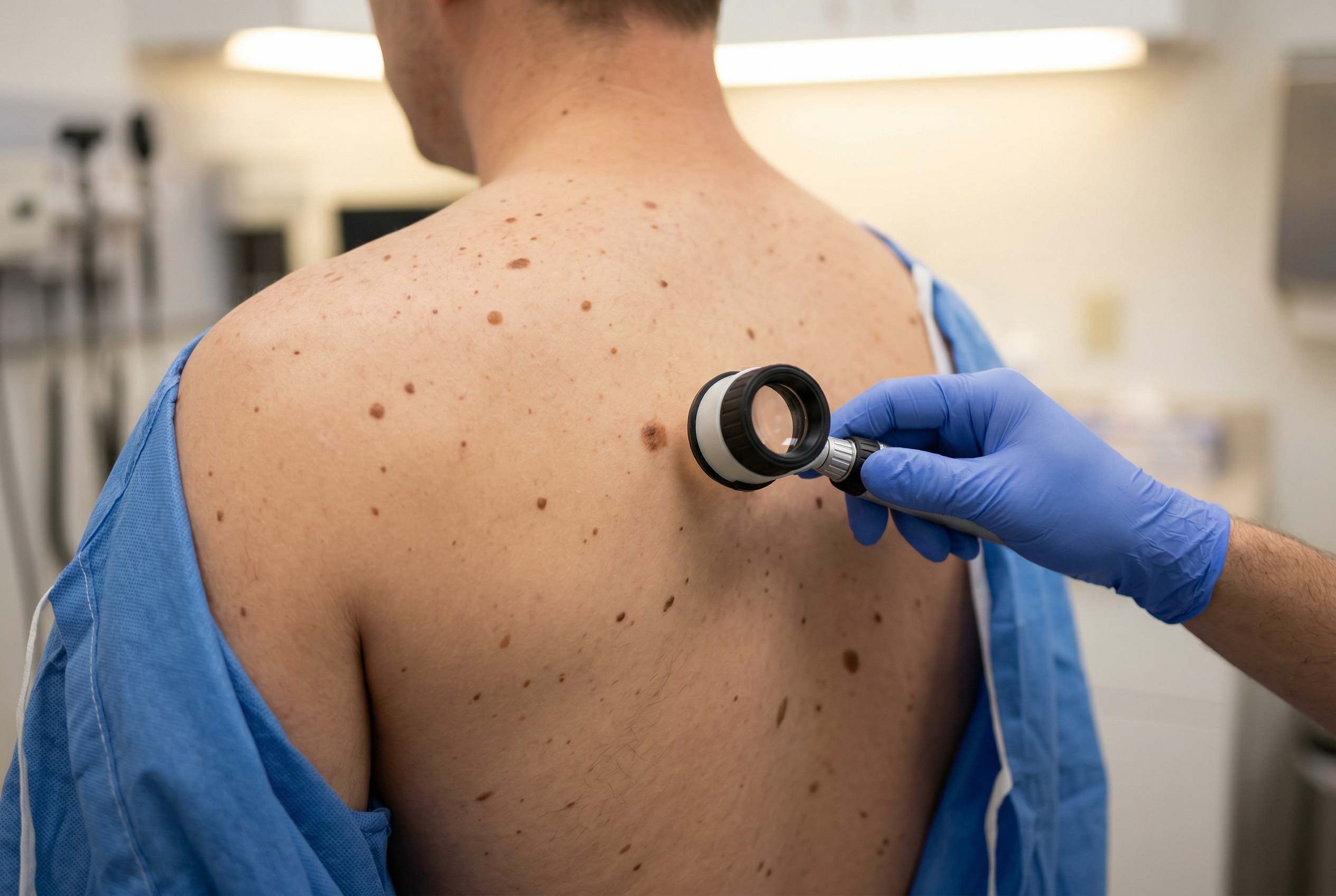 Spatele unui pacient cu mai multe alunițe de dimensiuni variate, examinat de un dermatolog cu dermatoscopul