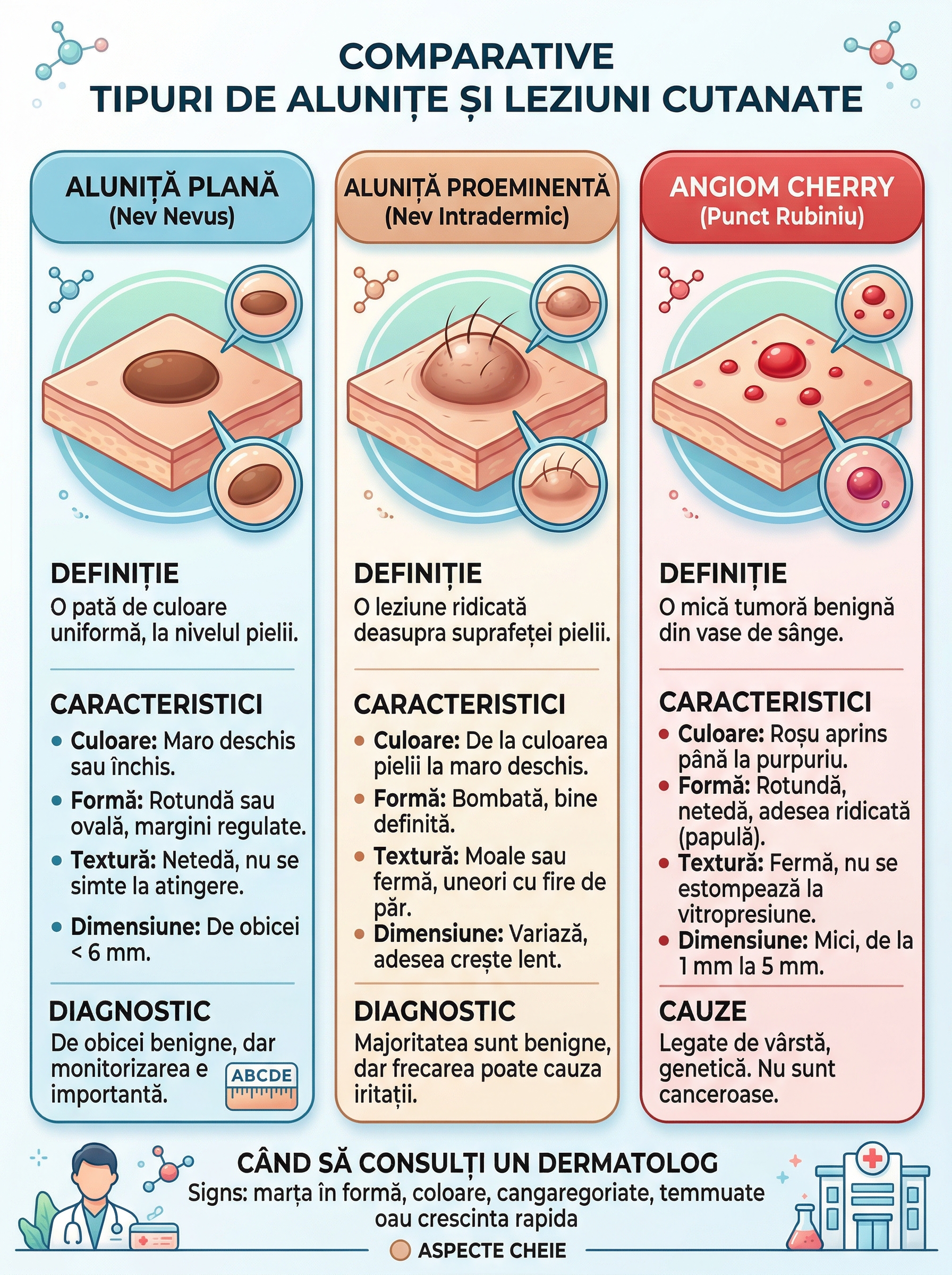 Infografic comparativ: alunită plată, alunită în relief și alunită roșie cu caracteristicile principale ale fiecarui tip