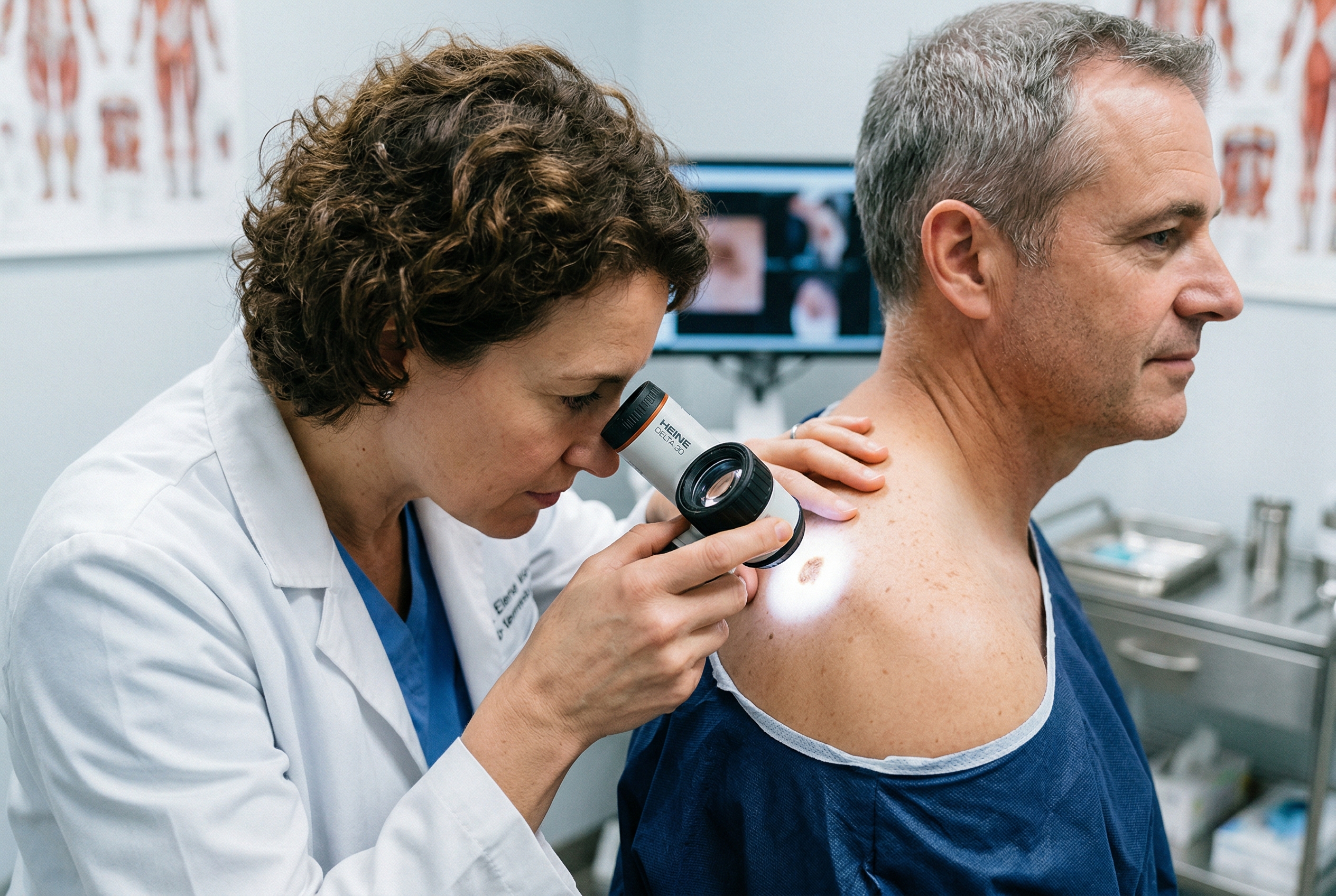 Medic dermatolog examinand o alunită cu dermatoscopul, instrument de diagnostic neinvaziv