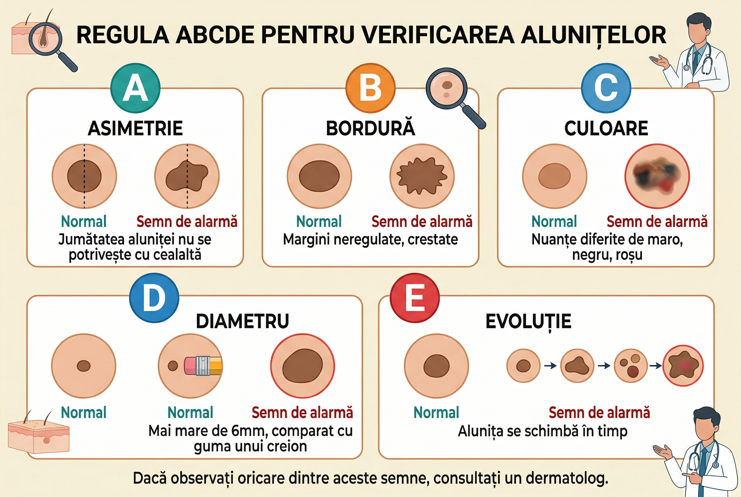 Regula ABCDE pentru verificarea alunițelor: asimetrie, bordura neregulată, culoare neuniforma, diametru peste 6mm, evolutie în timp