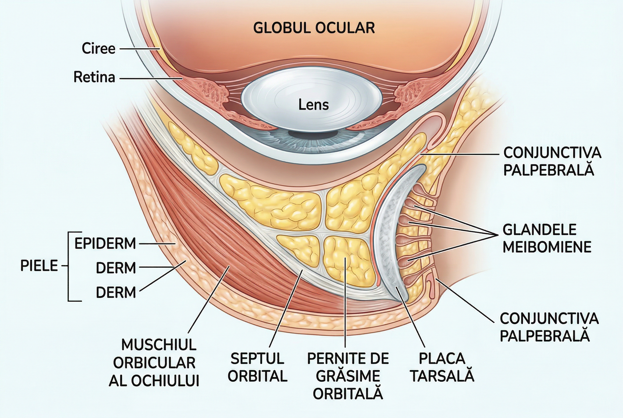 Diagrama anatomica a pleoapei inferioare arătând septul orbital, grăsimea orbitală și structurile de suport