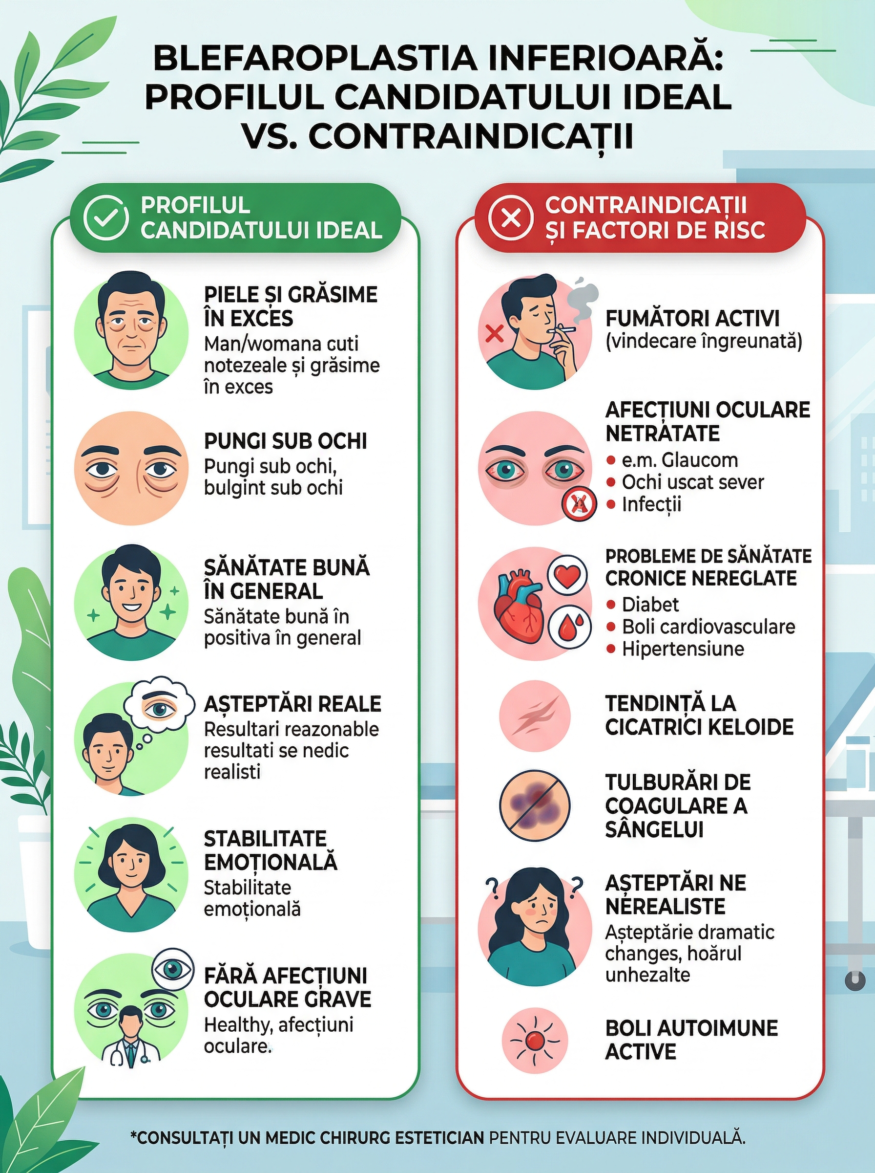 Infografic comparativ candidat ideal versus contraindicații pentru blefaroplastia inferioară