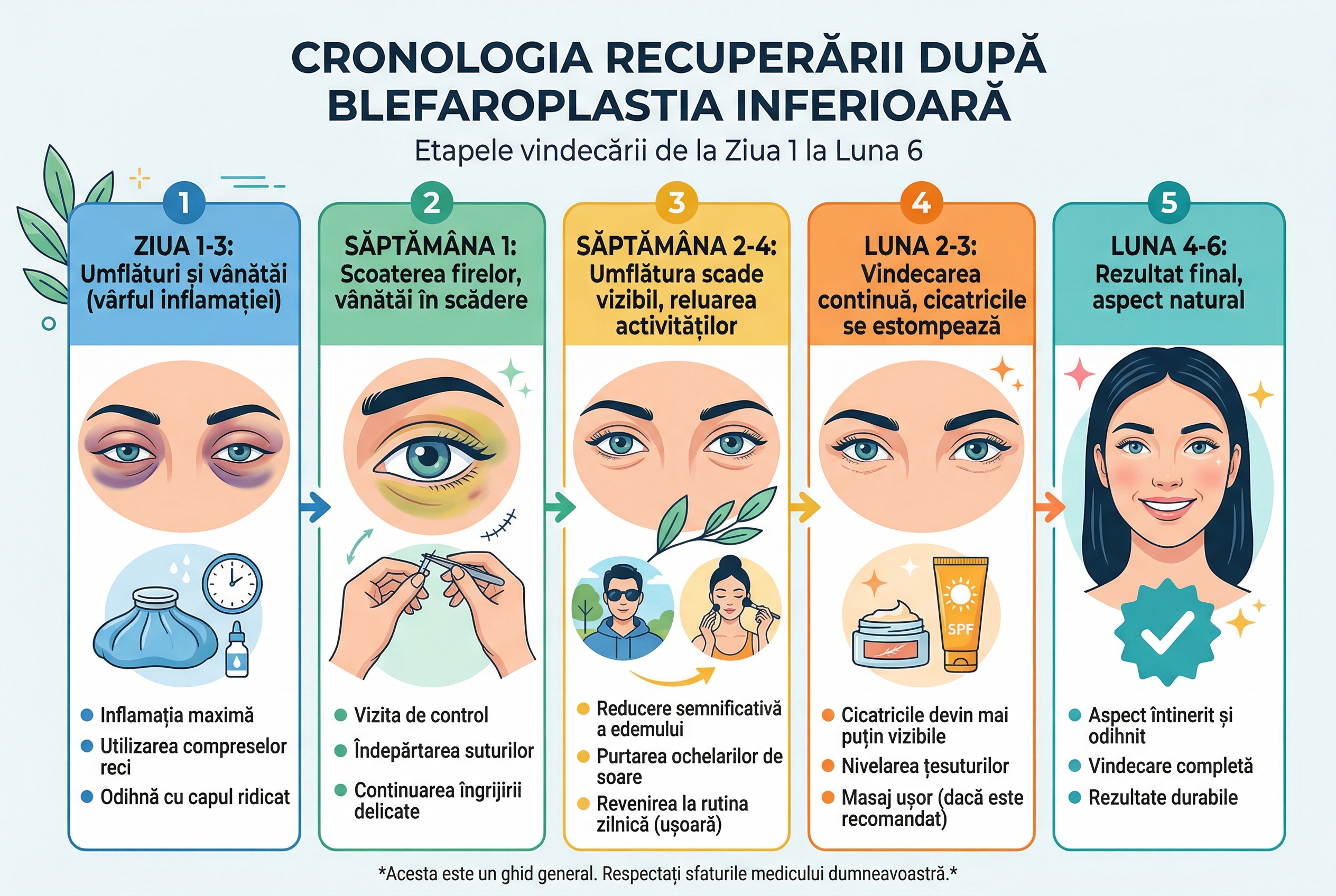 Cronologia recuperării după blefaroplastia inferioară de la ziua 1 pana la luna 6