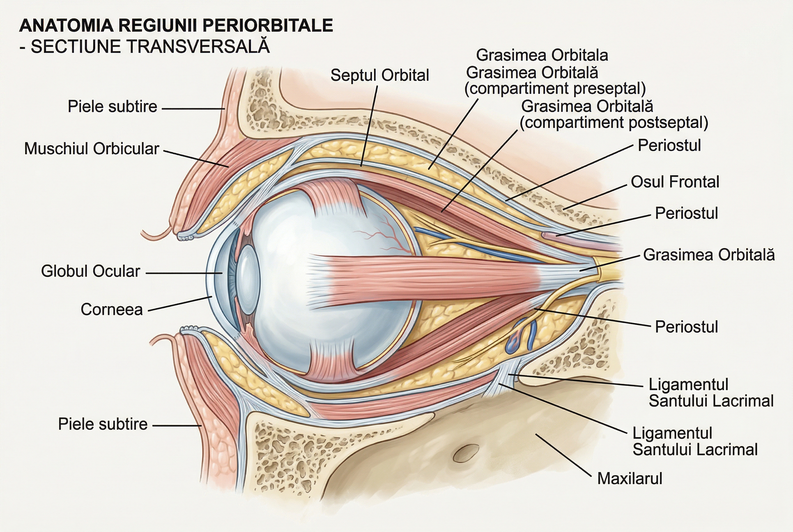Ilustratie anatomica a zonei perioculare — straturile pielii, mușchiul orbicular, septul orbital și compartimentele de grăsime