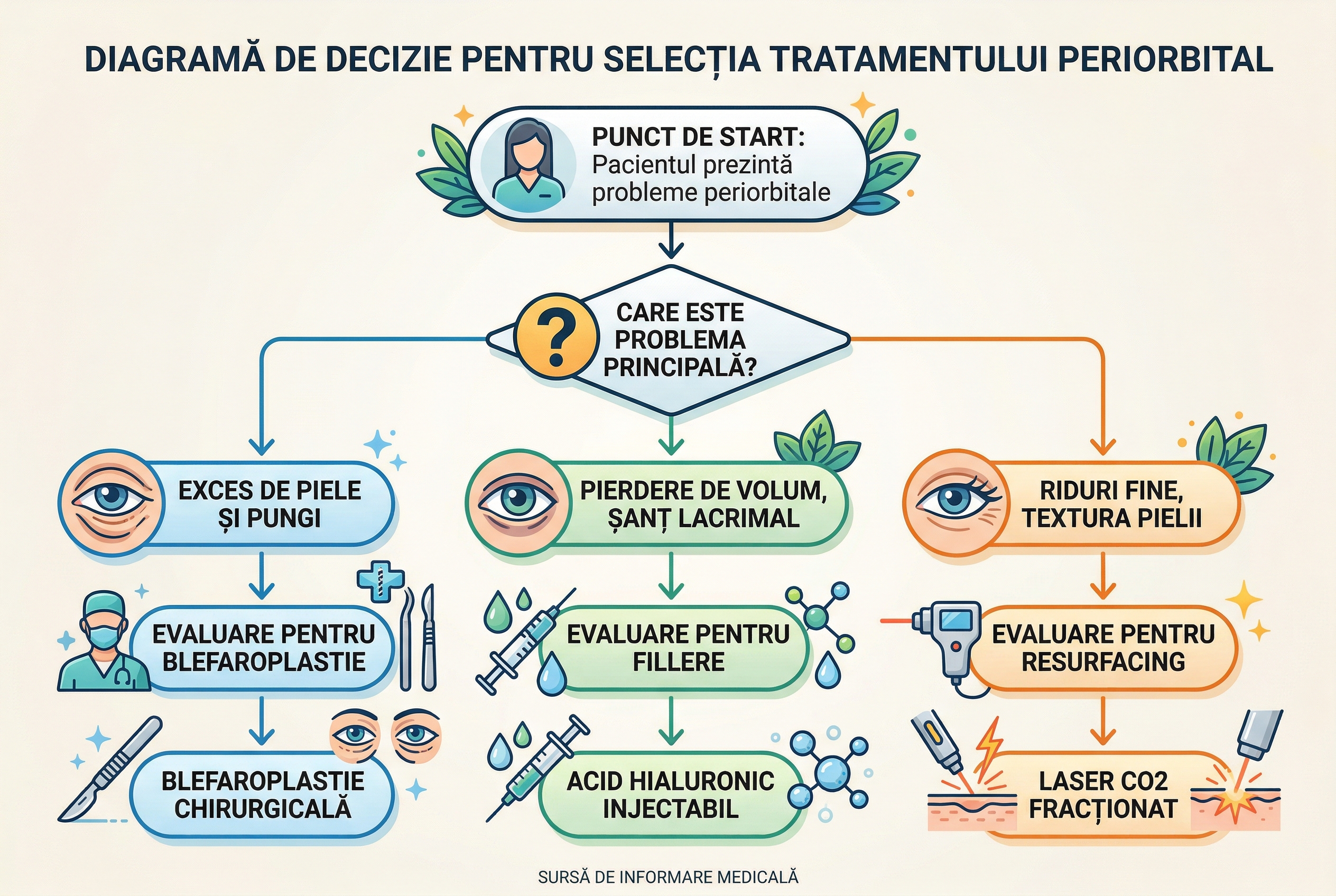 Diagrama decizionala pentru alegerea tratamentului periorbital — blefaroplastie, acid hialuronic sau laser în funcție de problema specifica