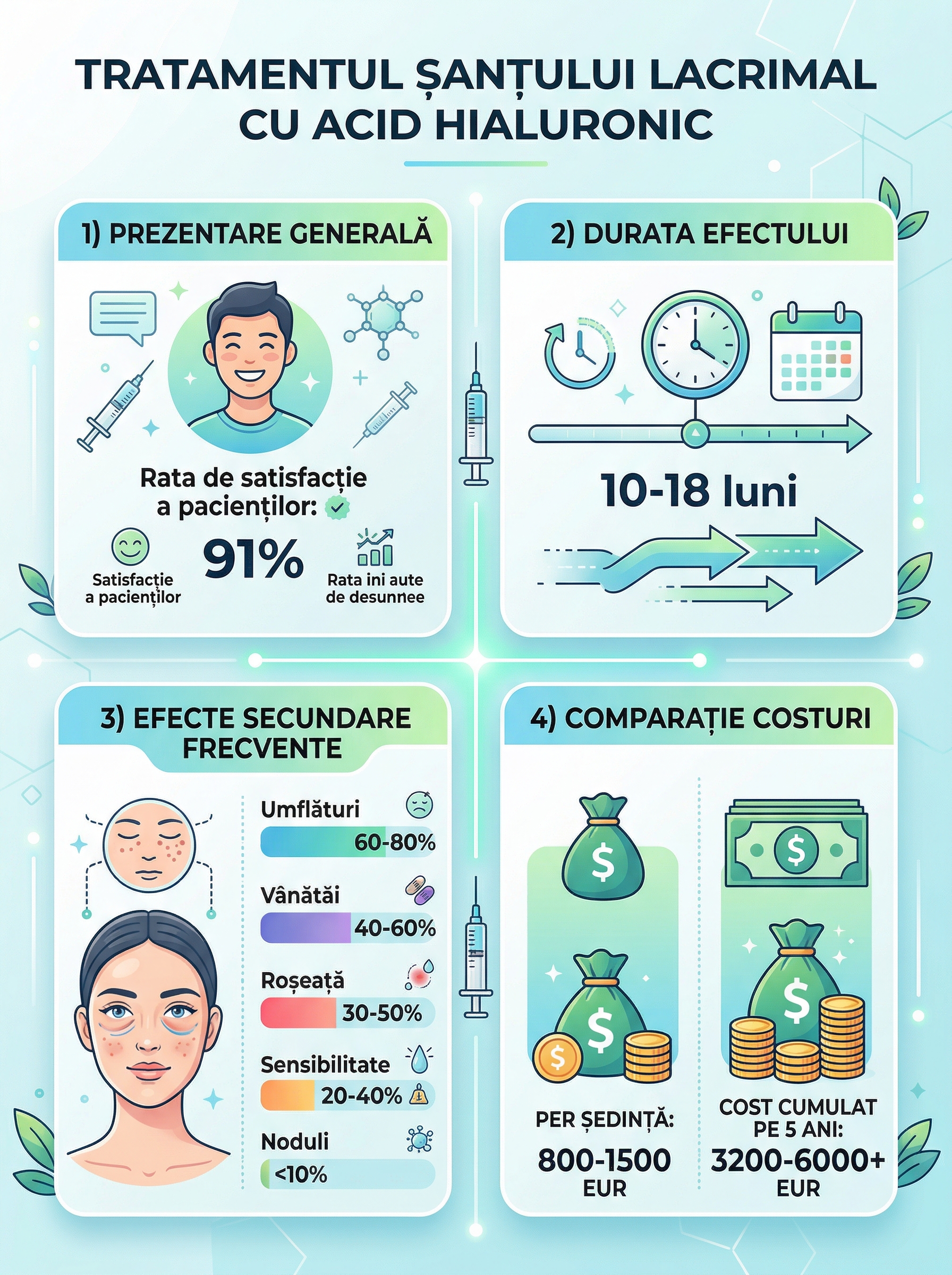 Infografic comparativ — acid hialuronic în santul lacrimal: rata de satisfactie, durata efectului, efecte secundare și costuri