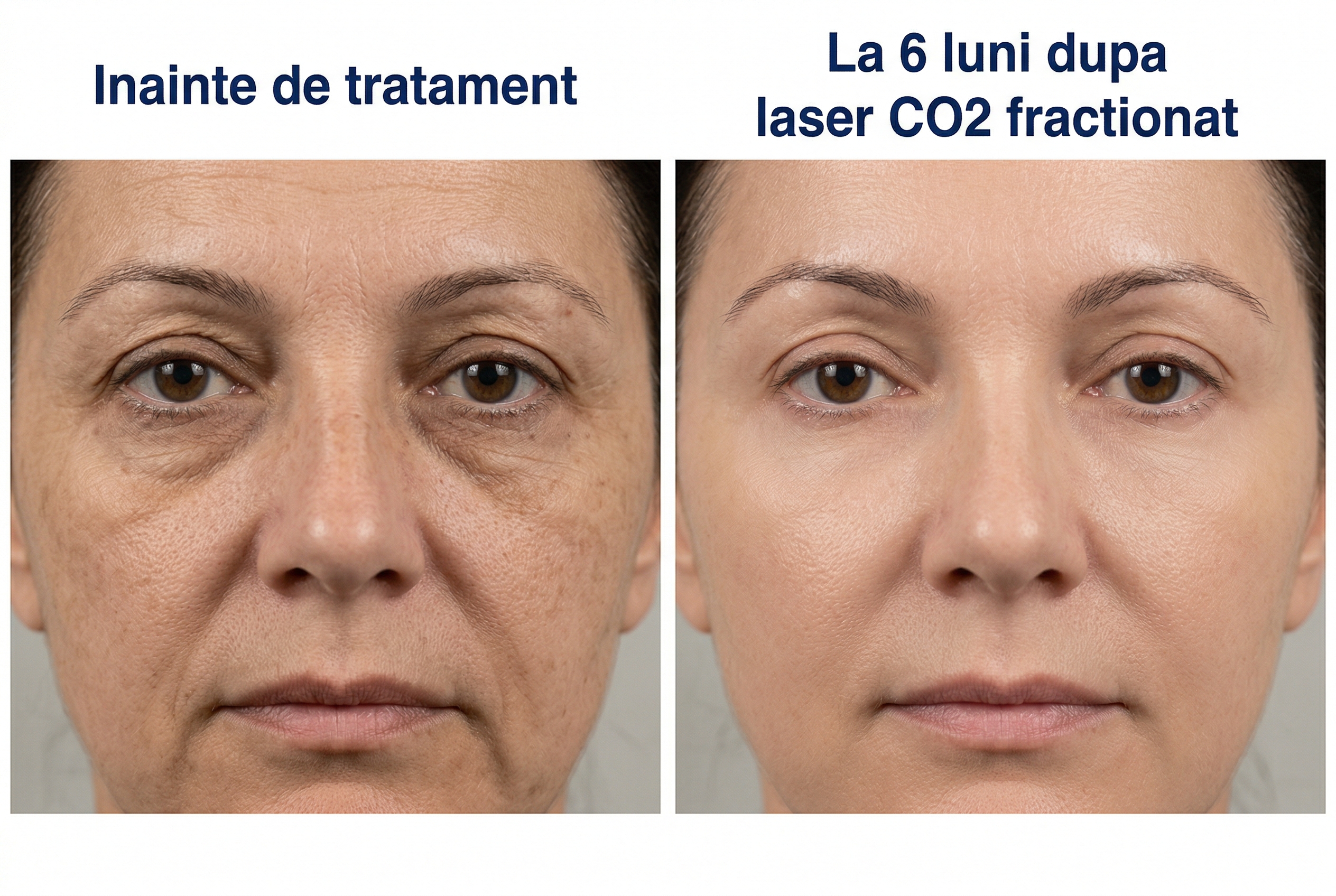 Rezultate laser CO2 fractionat zona periorbitală — comparatie înainte și după tratament la 6 luni