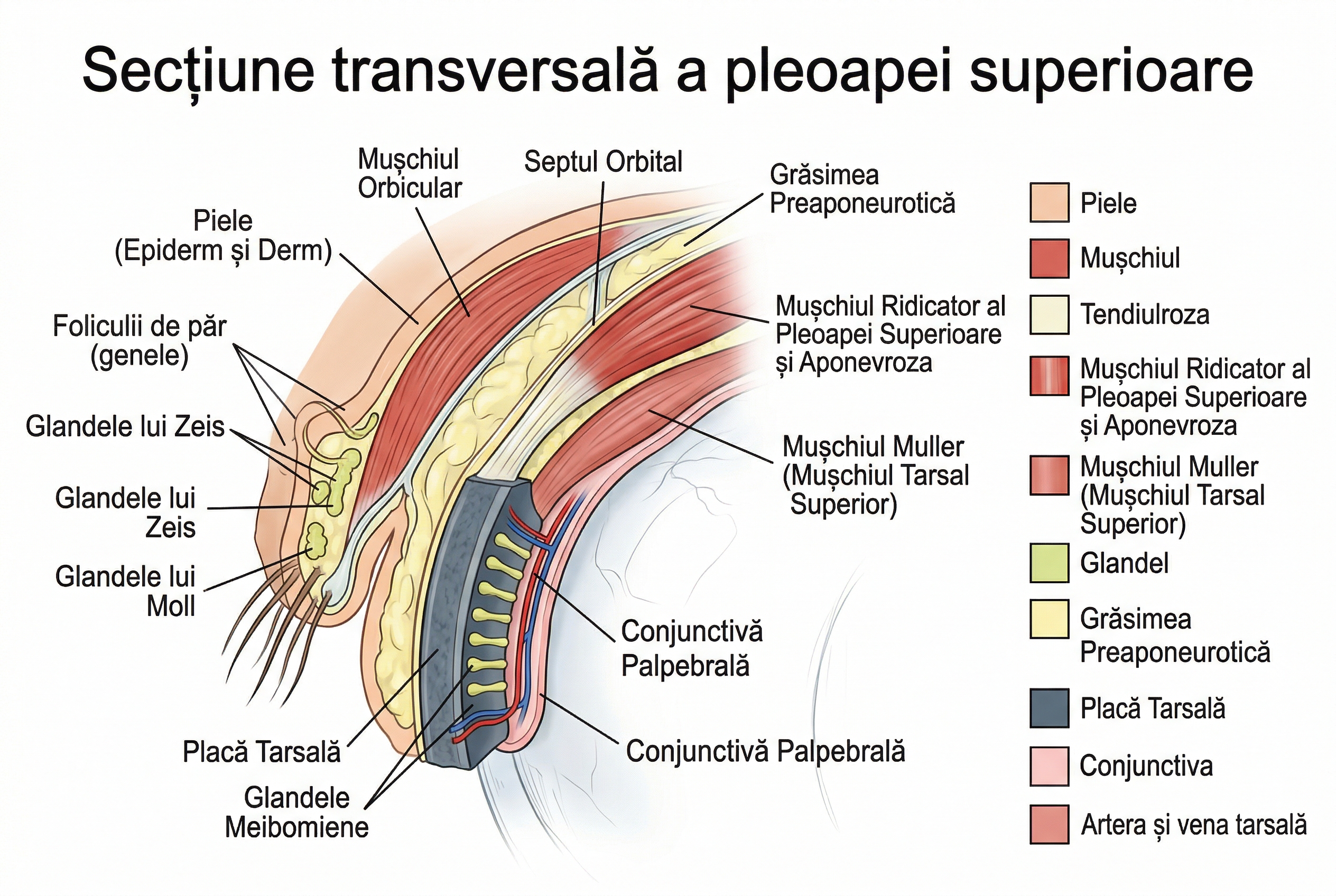 Diagrama anatomica a pleoapei superioare cu straturile pielii, mușchiului orbicular, septului orbital și aponevrozei levatorului