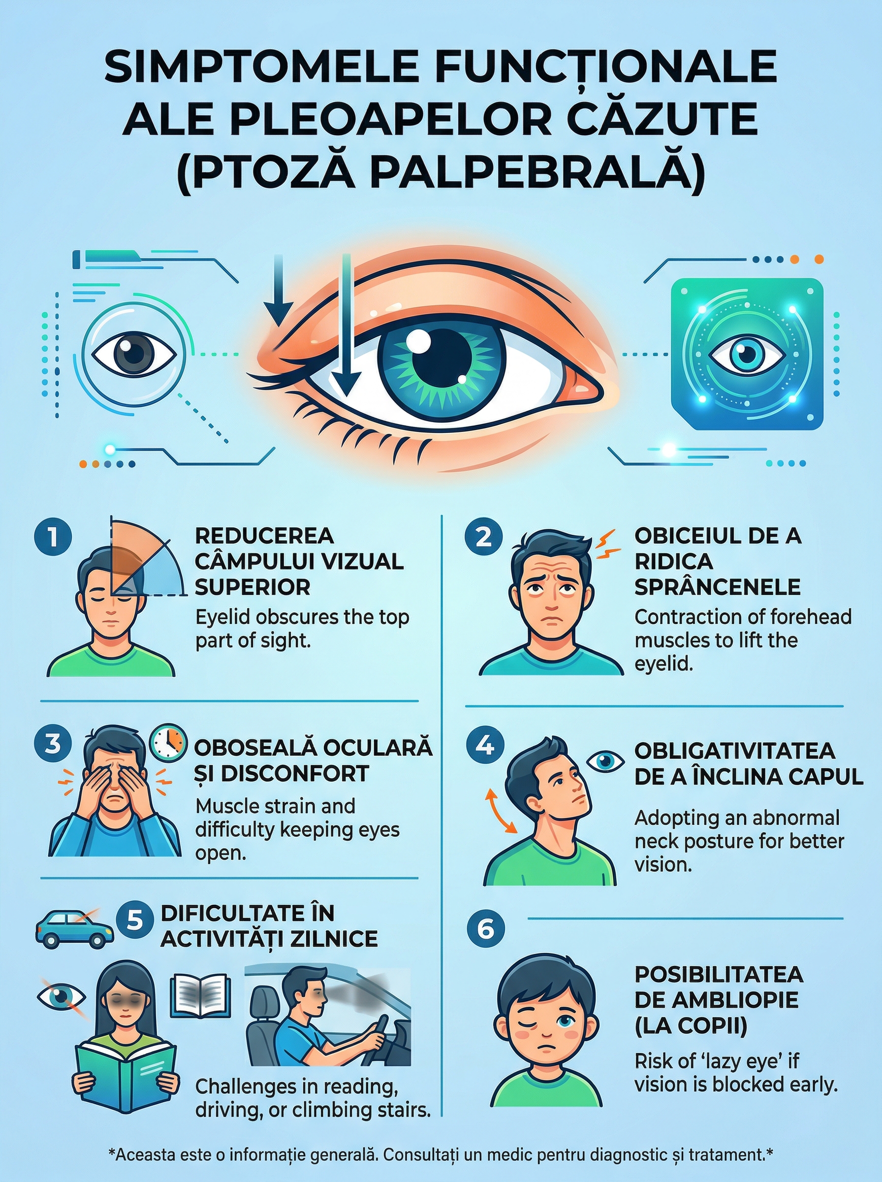 Infografic cu simptomele functionale ale pleoapelor căzute: obstructie camp vizual, dureri de cap, iritatie cutanată