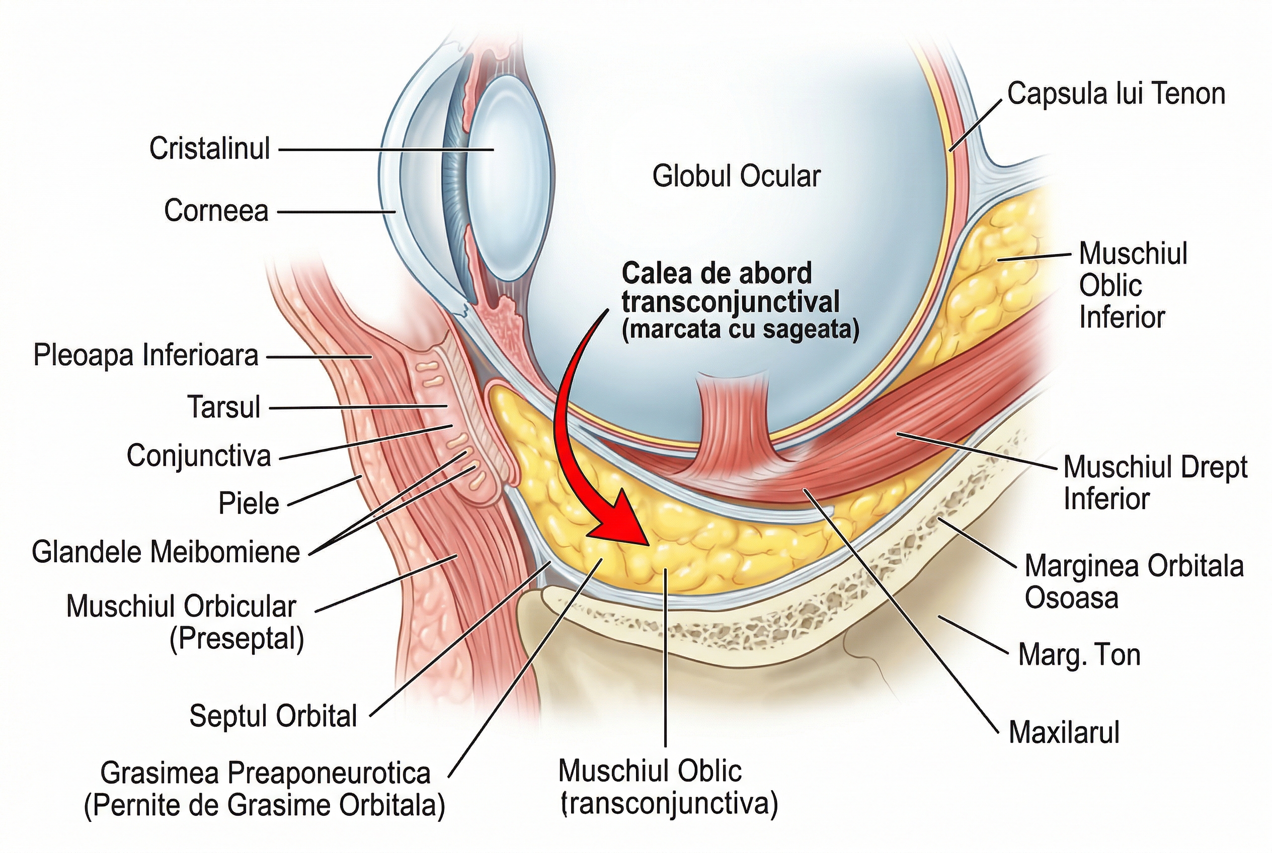 Ilustratie anatomica a pleoapei inferioare arătând traseul inciziei transconjunctivale