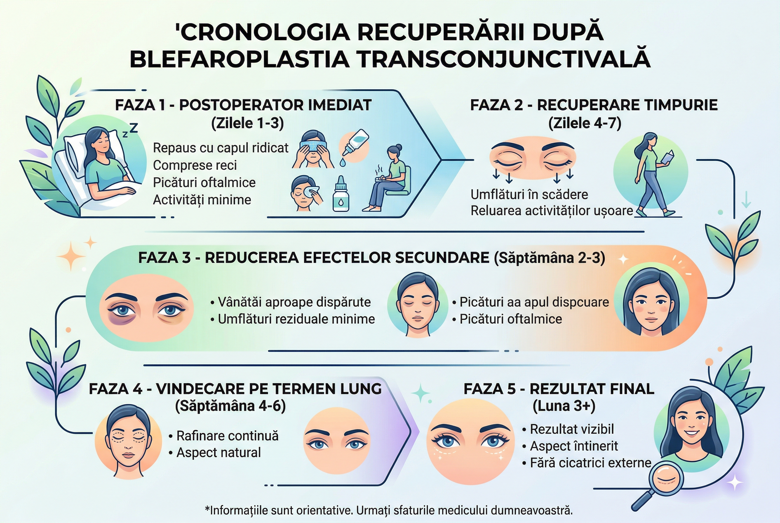 Cronologia recuperării după blefaroplastie transconjunctivală, de la ziua 1 la luna 6