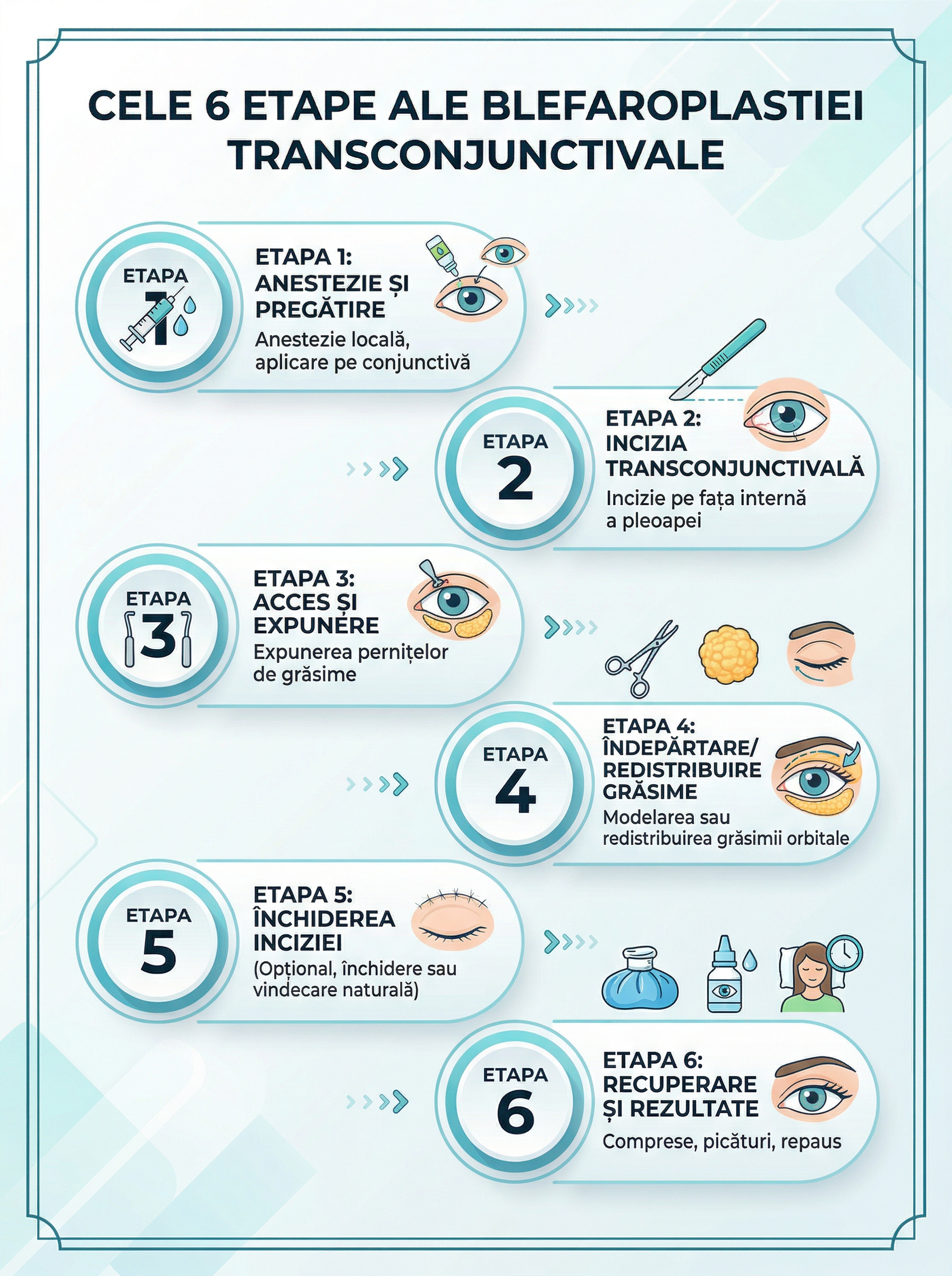 Infografic cu cele 6 etape ale blefaroplastiei transconjunctivale