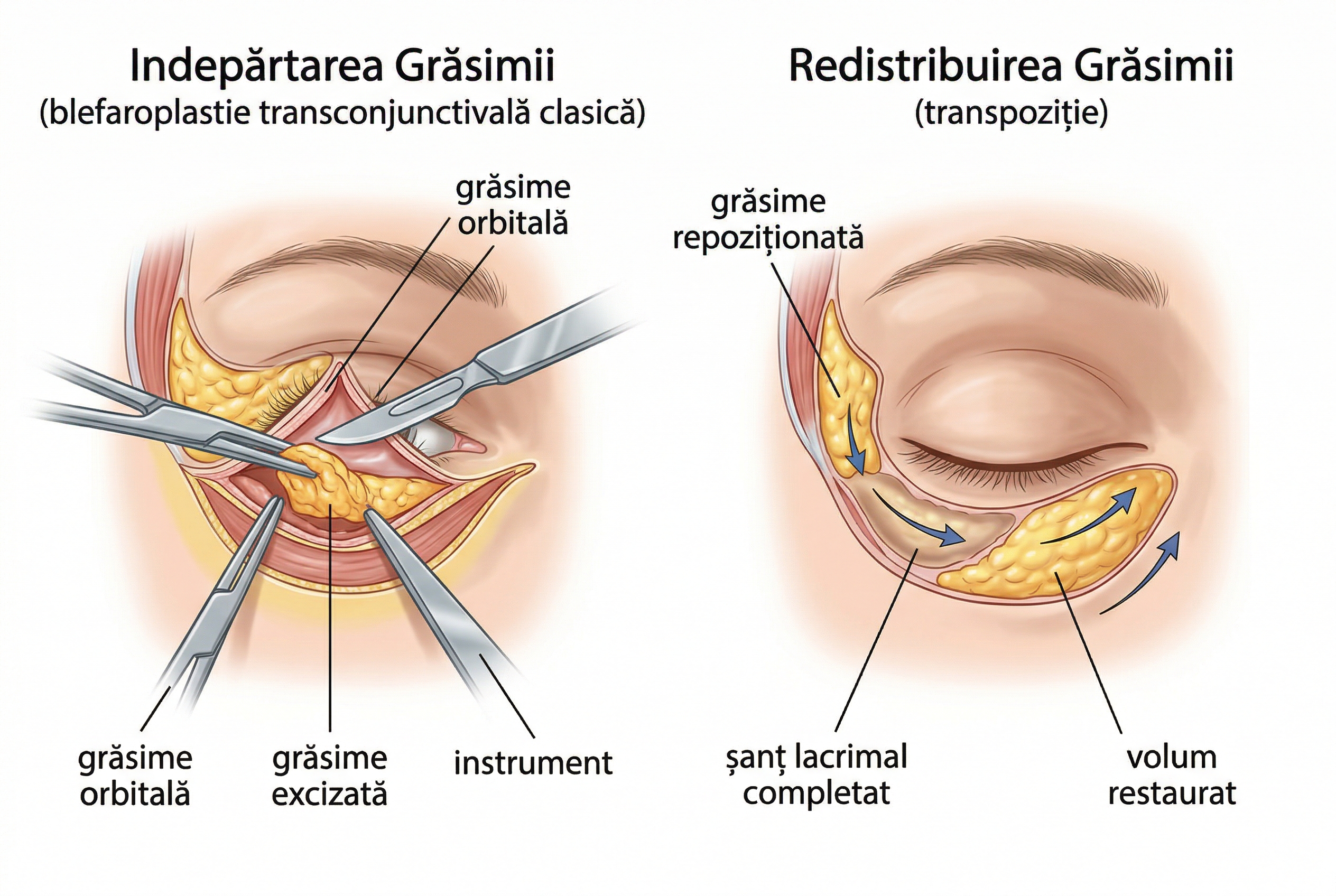 Comparatie între îndepărtarea grăsimii (rezultat scobitor) și redistribuirea grăsimii (contur neted)