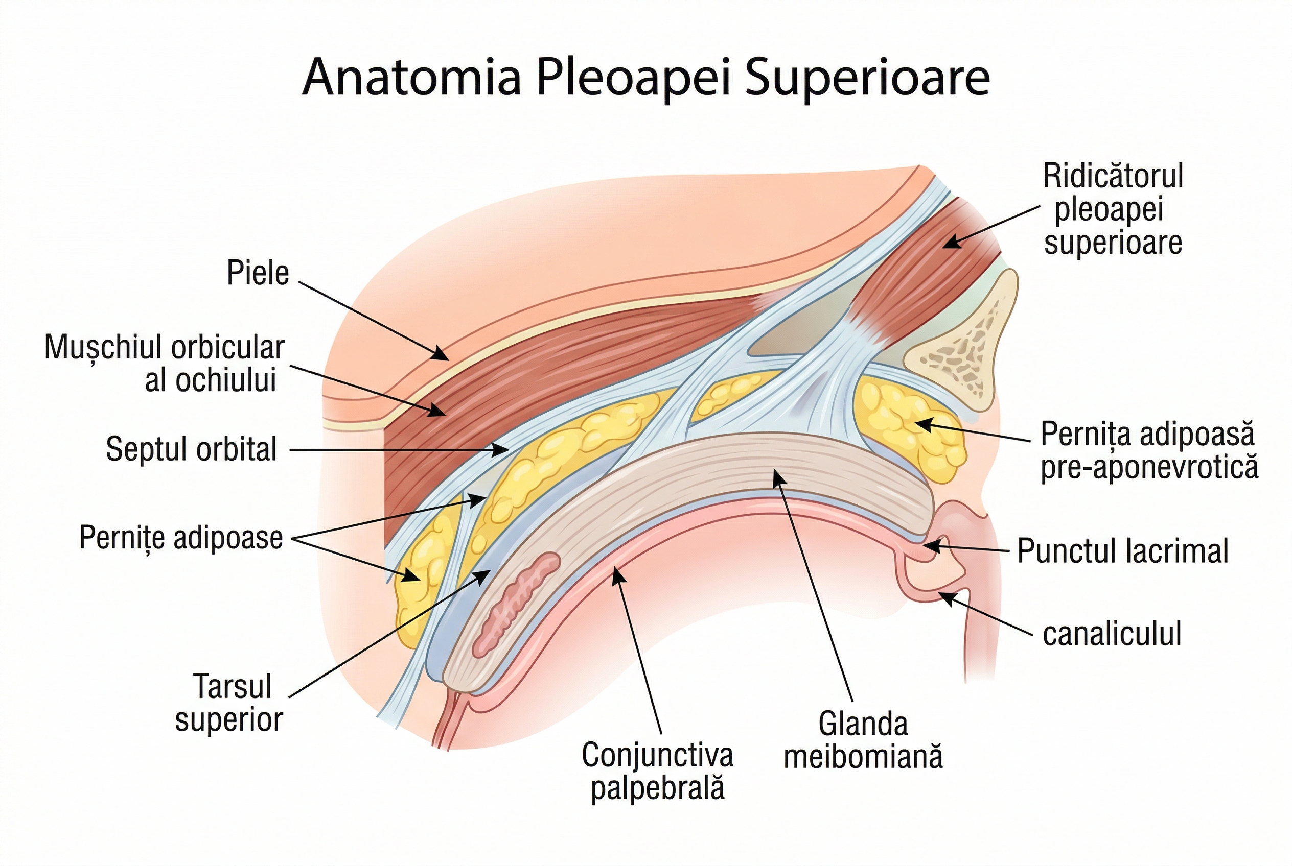 Ilustratie anatomica a pleoapei superioare cu straturile implicate în blefaroplastie
