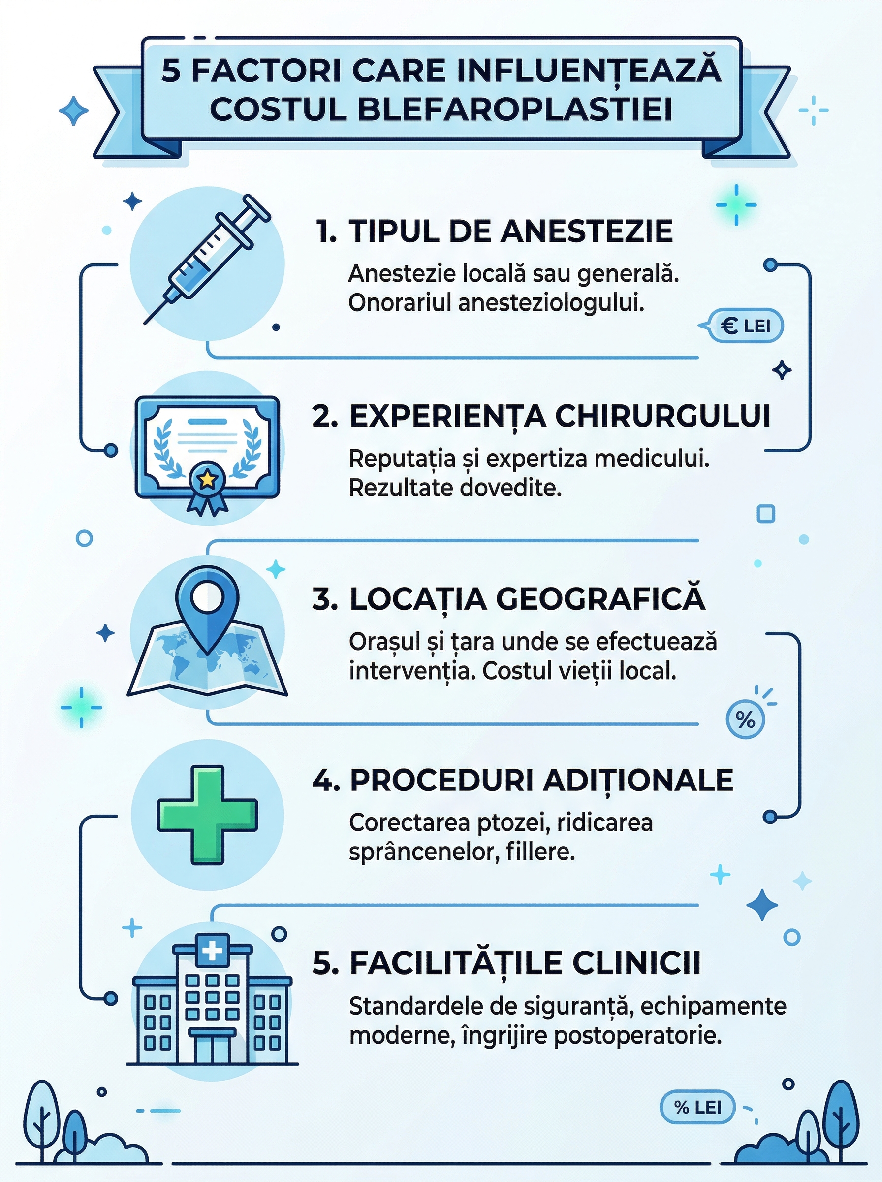 Infografic cu factorii care influențează costul blefaroplastiei superioare