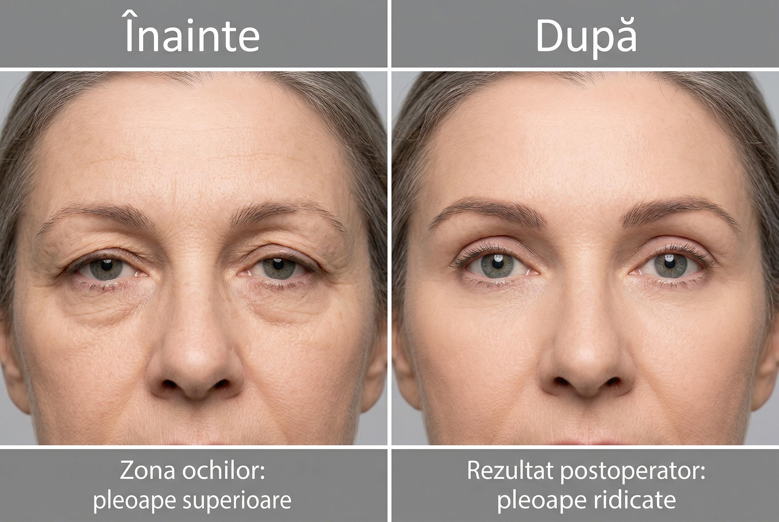 Rezultat înainte și după blefaroplastie superioară — aspect mai odihnit al ochilor