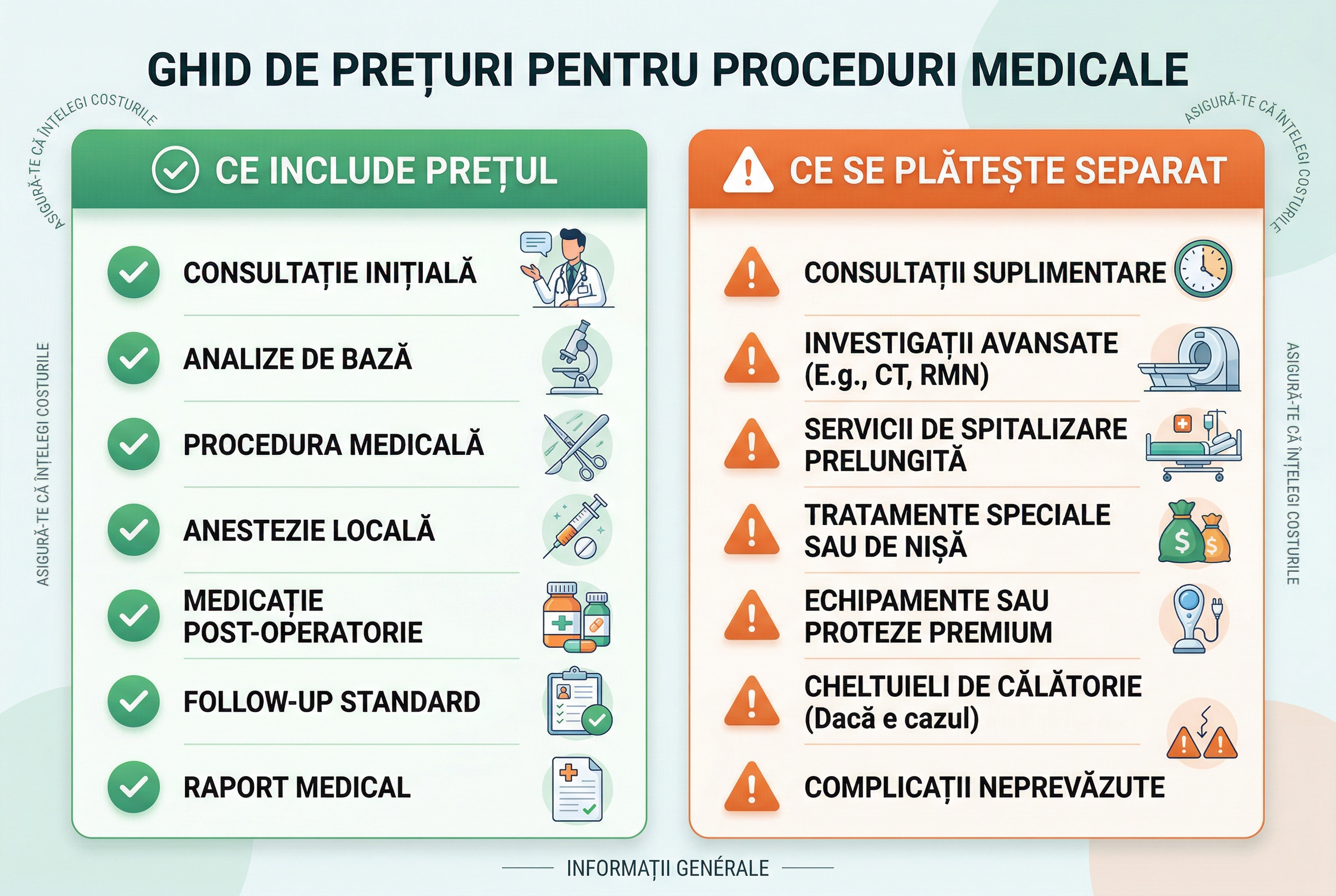 Comparatie vizuala între serviciile incluse și cele platite separat la blefaroplastie