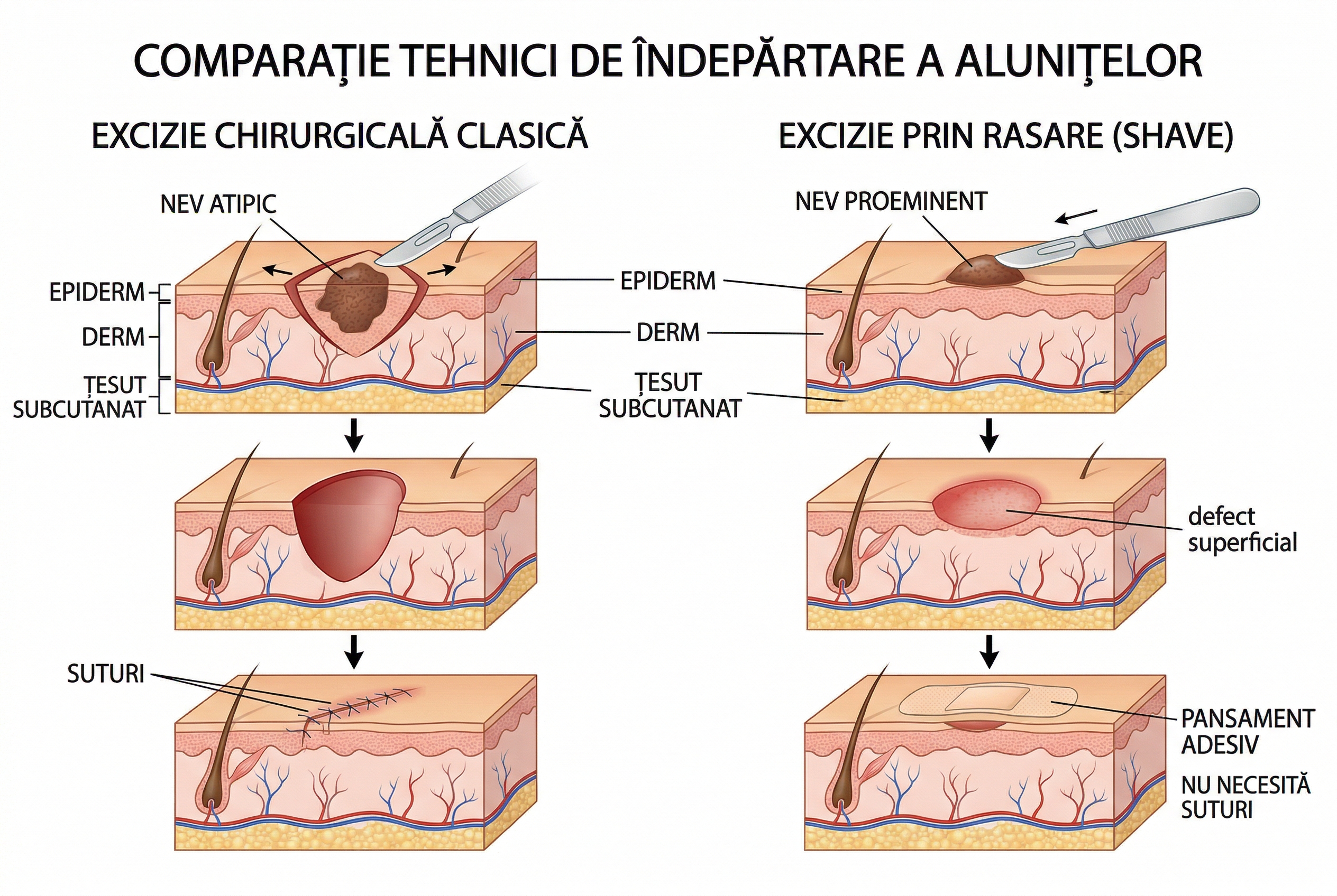 Comparatie în secțiune a doua tehnici de îndepărtare: excizia clasica cu bisturiul vs excizia prin shave