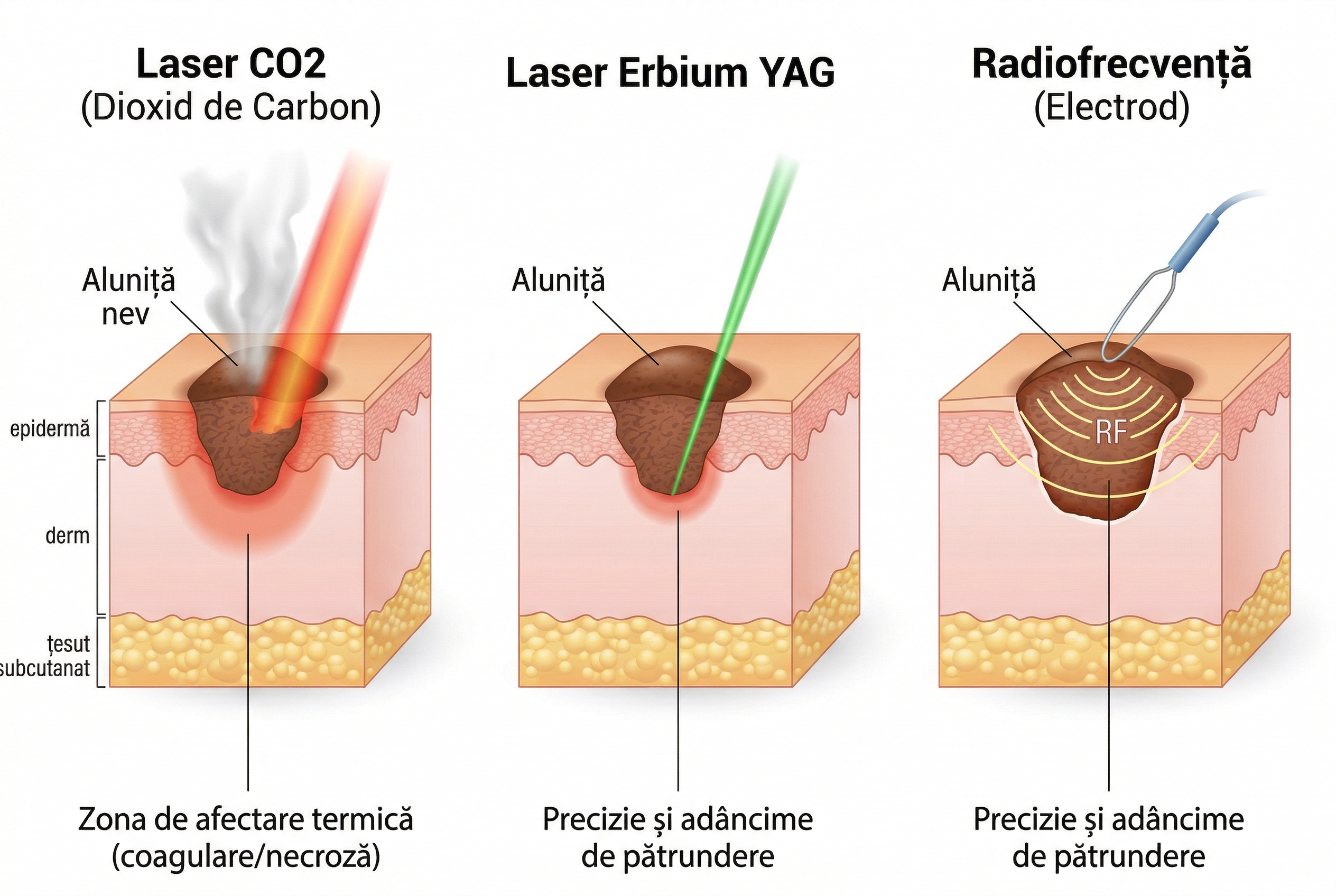 Comparatie între trei metode de îndepărtare: laser CO2, laser erbium YAG și radiofrecventa, în secțiune prin piele