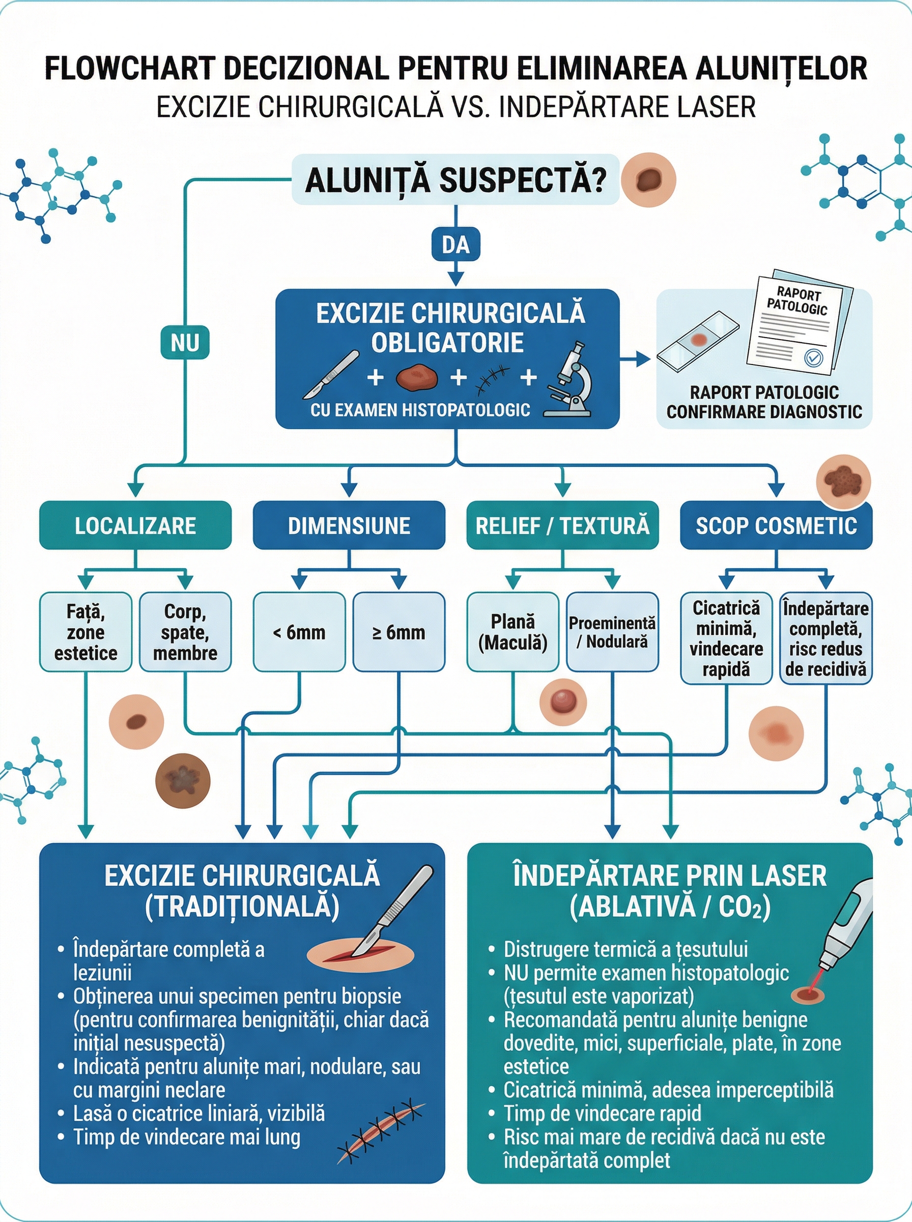 Infografic cu arborele decizional pentru alegerea metodei de îndepărtare a alunițelor: chirurgicală vs laser