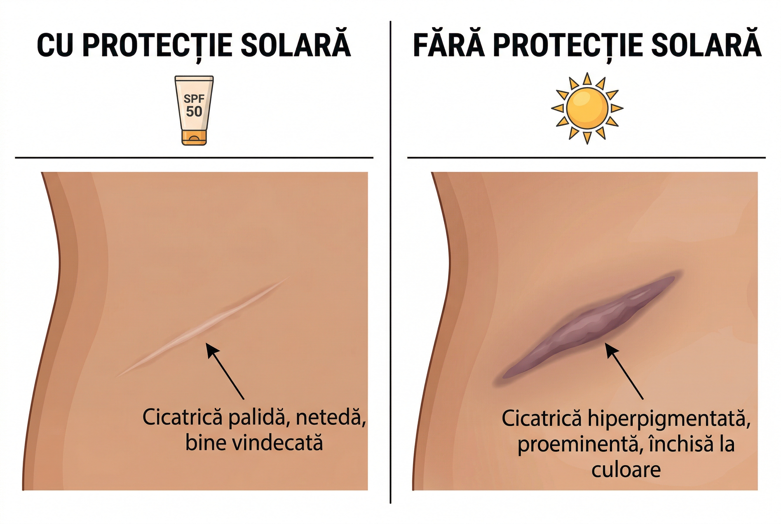 Comparatie între o cicatrice protejată de soare și una expusă la UV: diferenta de aspect după câteva luni