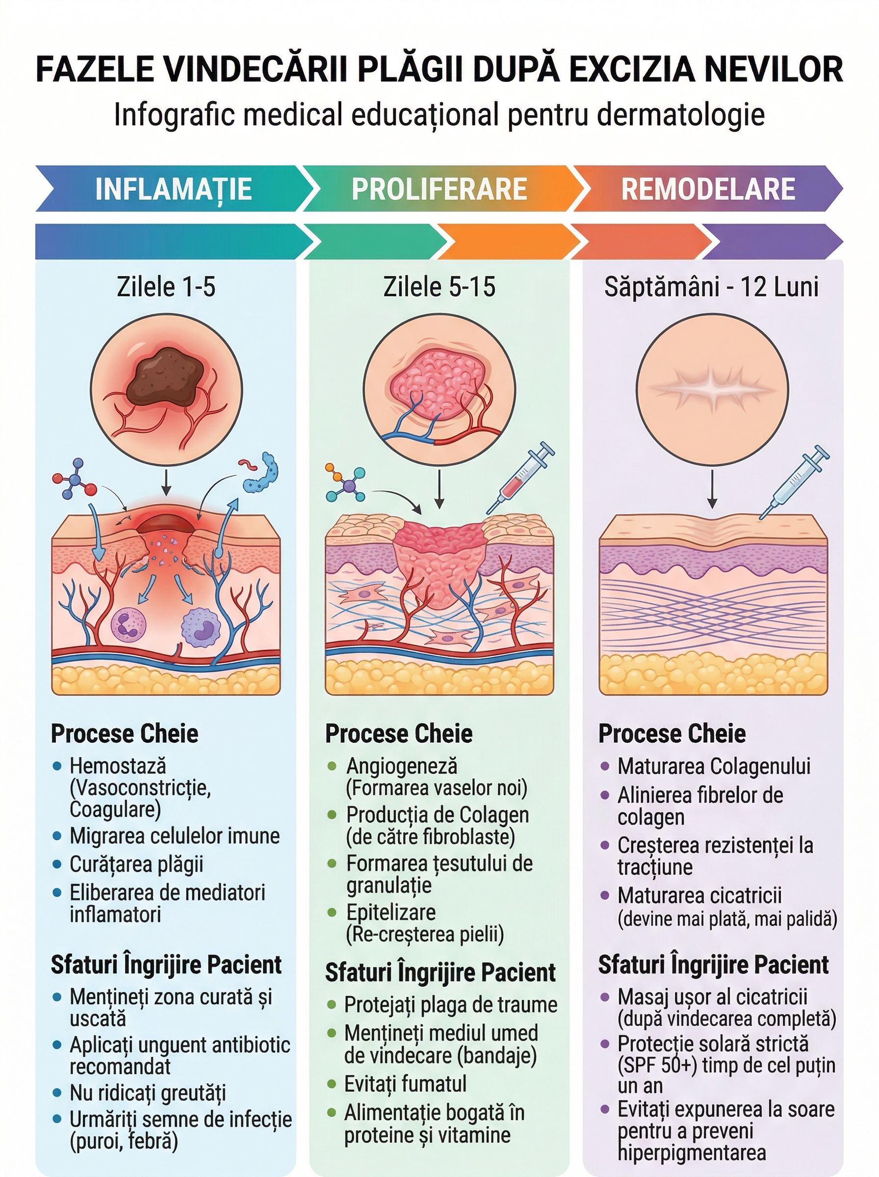 Infografic medical cu cele trei faze ale vindecării după excizia unei alunițe: inflamație, proliferare și remodelare
