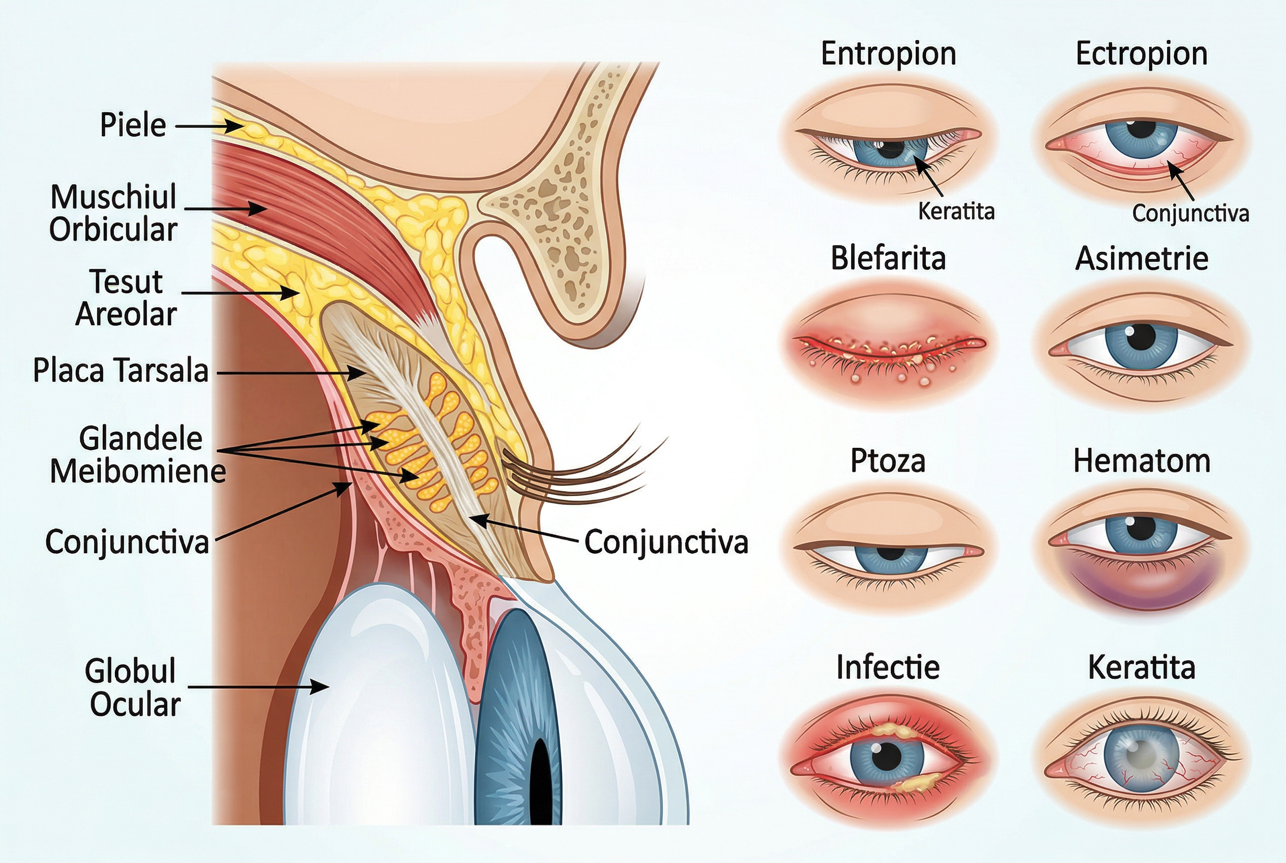 Diagrama anatomica a pleoapei inferioare cu localizarea posibilelor complicații postoperatorii
