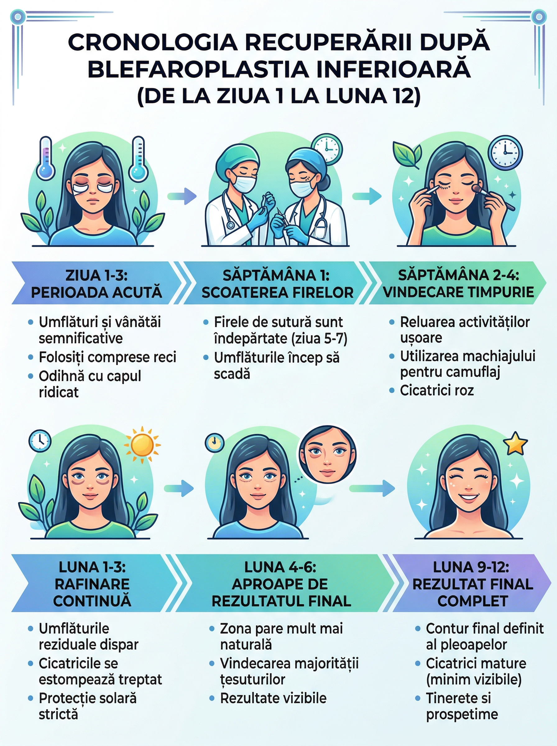 Infografic cu cronologia recuperării după blefaroplastia inferioară, de la ziua 1 la luna 12