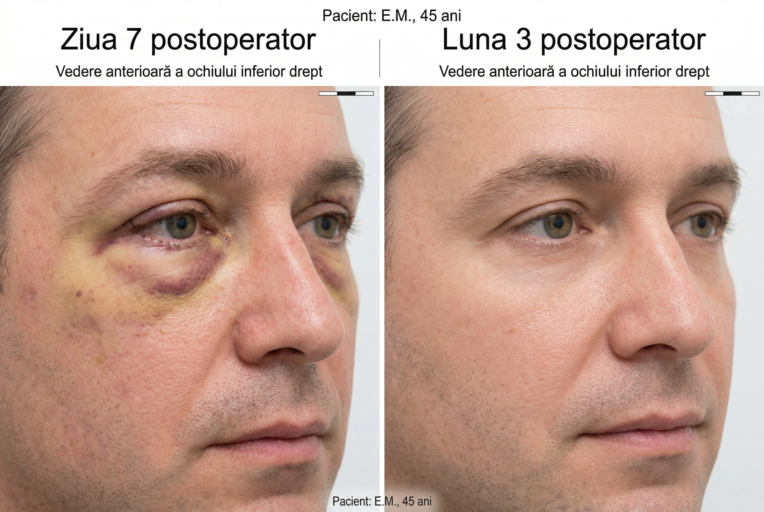Comparatie a aspectului pleoapei inferioare la ziua 3, ziua 14 și luna 3 după blefaroplastie