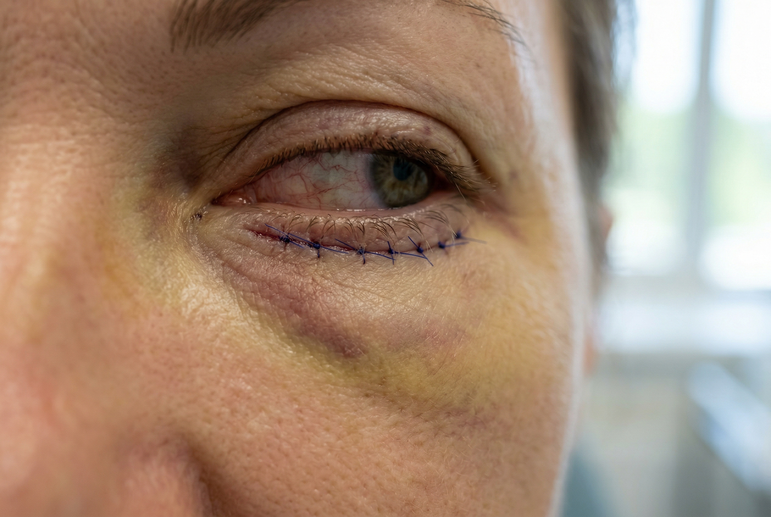 Zona ochilor în recuperare după blefaroplastia inferioară, cu vânătăi ușoare și fire de sutură vizibile