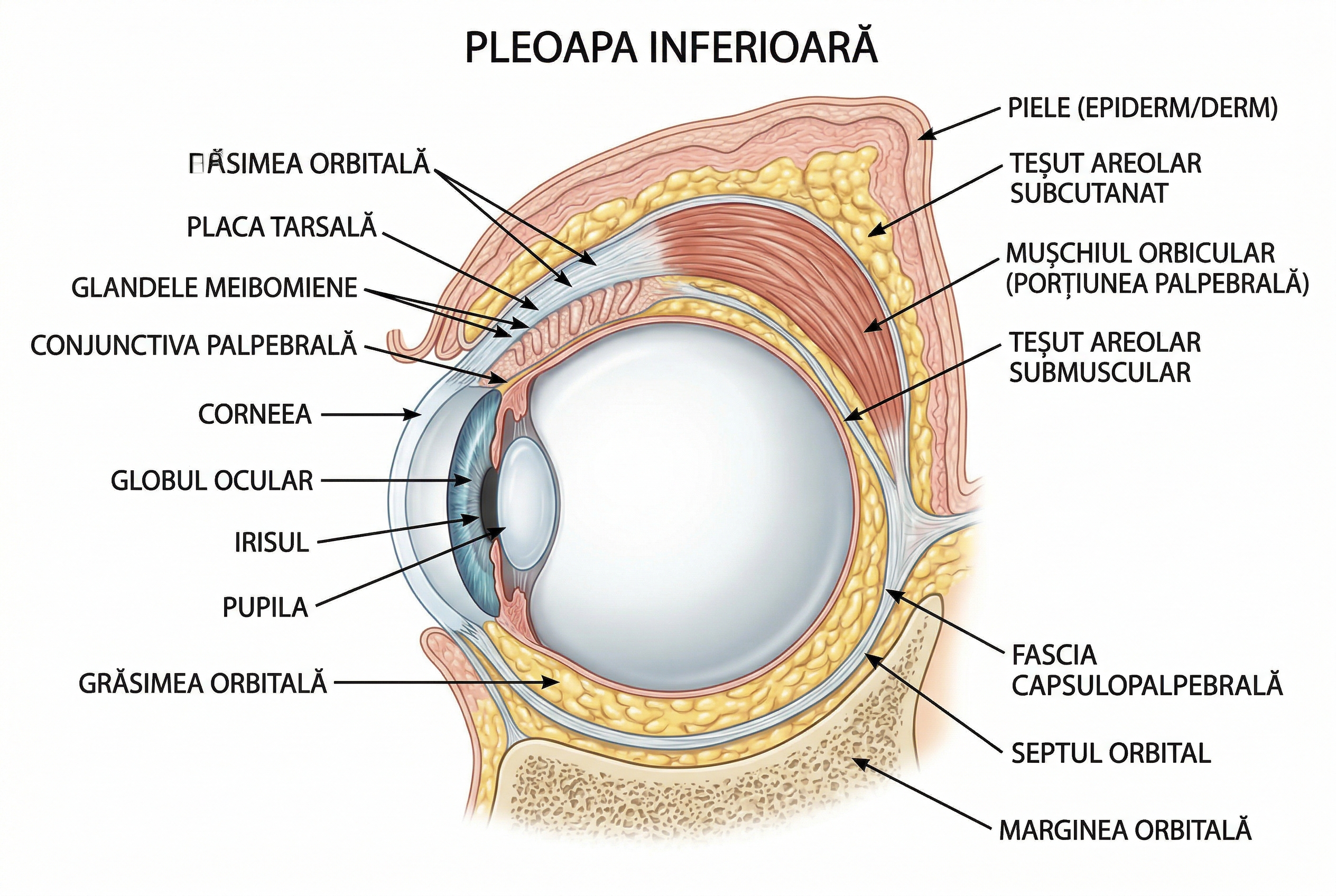 Diagrama anatomica a straturilor pleoapei inferioare: piele, mușchi orbicular, sept orbital și compartimente de grăsime