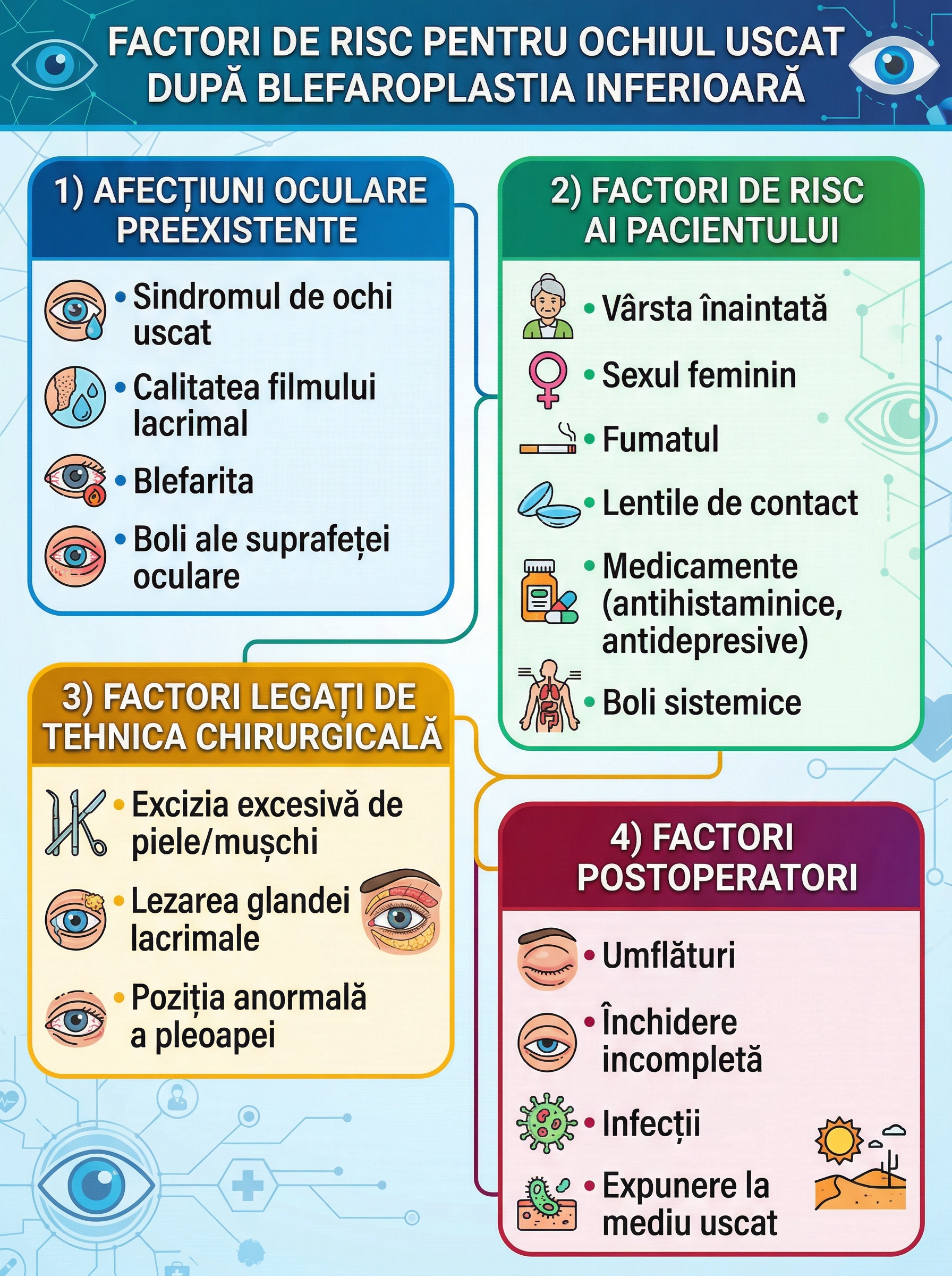 Infografic cu factorii de risc pentru ochiul uscat după blefaroplastia inferioară