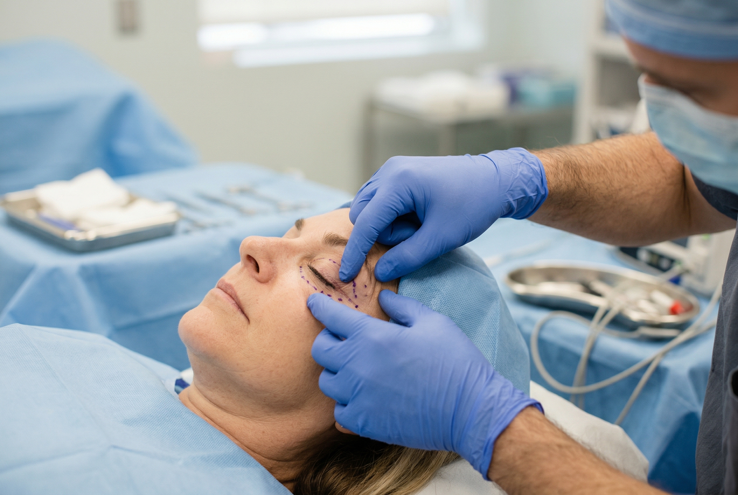 Chirurg plastic examinand zona pleoapei inferioare înainte de blefaroplastie